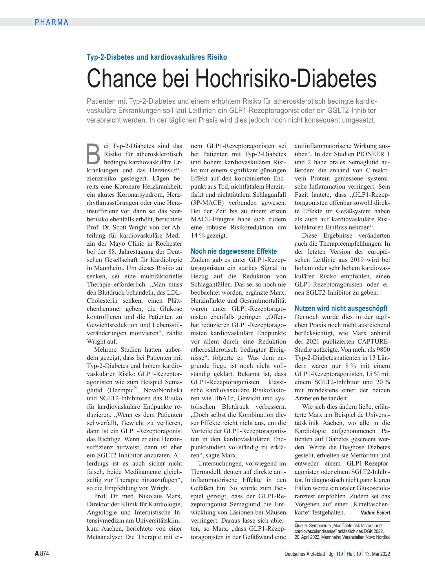 Vorschauseite 1: Typ-2-Diabetes und kardiovaskuläres Risiko: Chance bei Hochrisiko-Diabetes – Deutsches Ärzteblatt