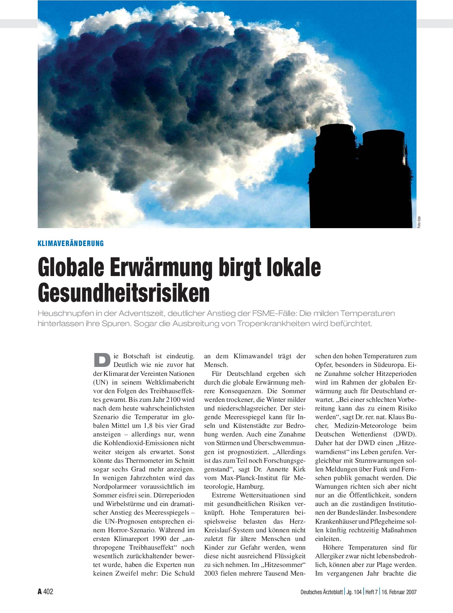 Vorschauseite 1: Klimaveränderung: Globale Erwärmung birgt lokale Gesundheitsrisiken – Deutsches Ärzteblatt