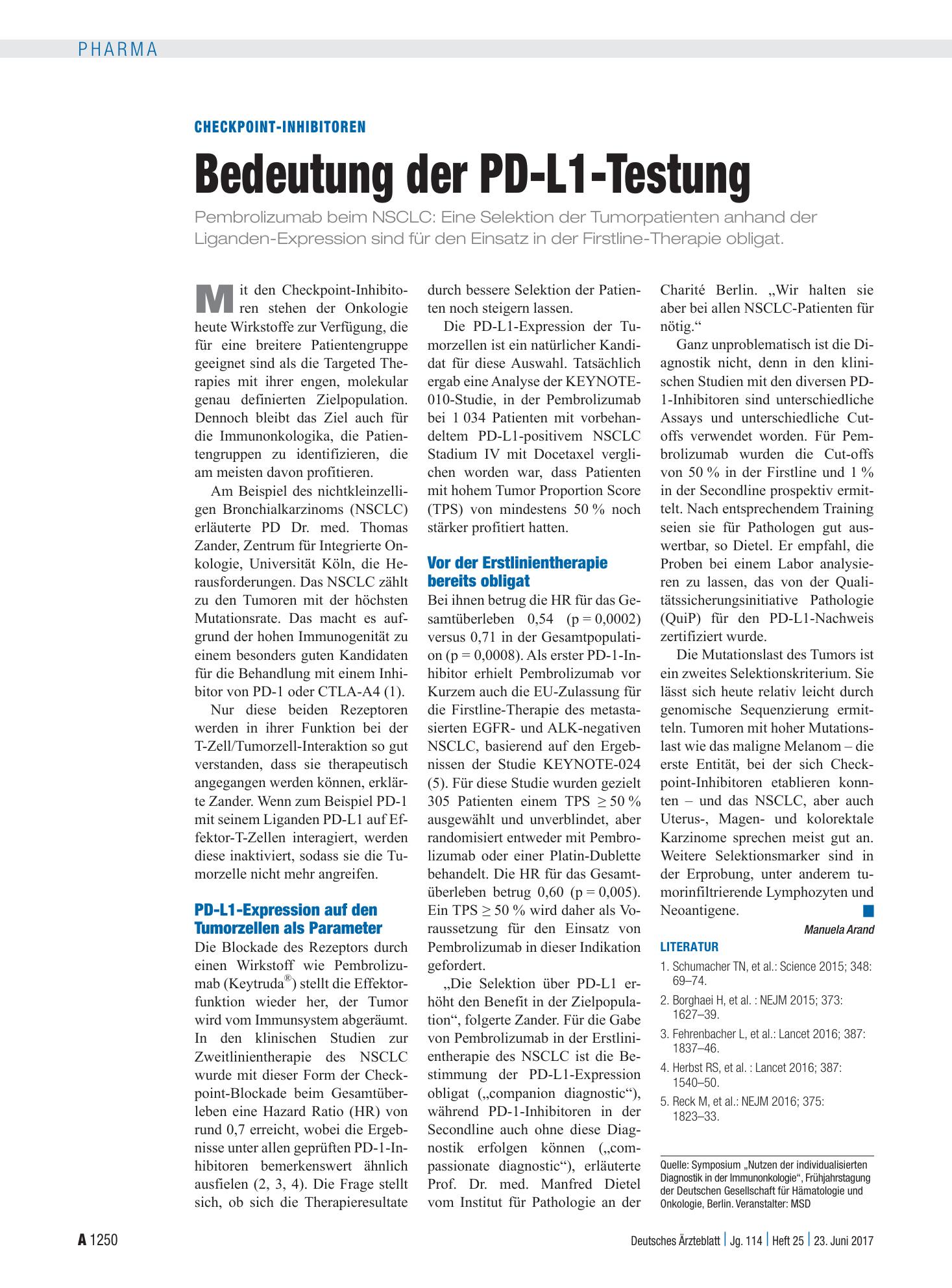Vorschauseite 1: Checkpoint-Inhibitoren: Bedeutung der PD-L1-Testung – Deutsches Ärzteblatt