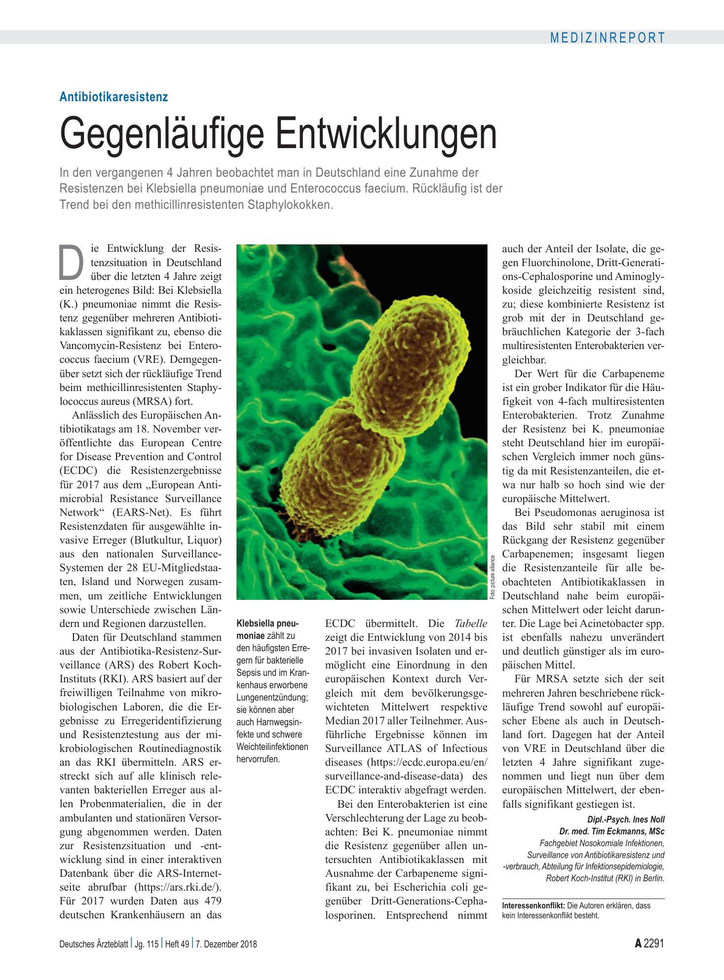 Vorschauseite 1: Antibiotikaresistenz: Gegenläufige Entwicklungen – Deutsches Ärzteblatt