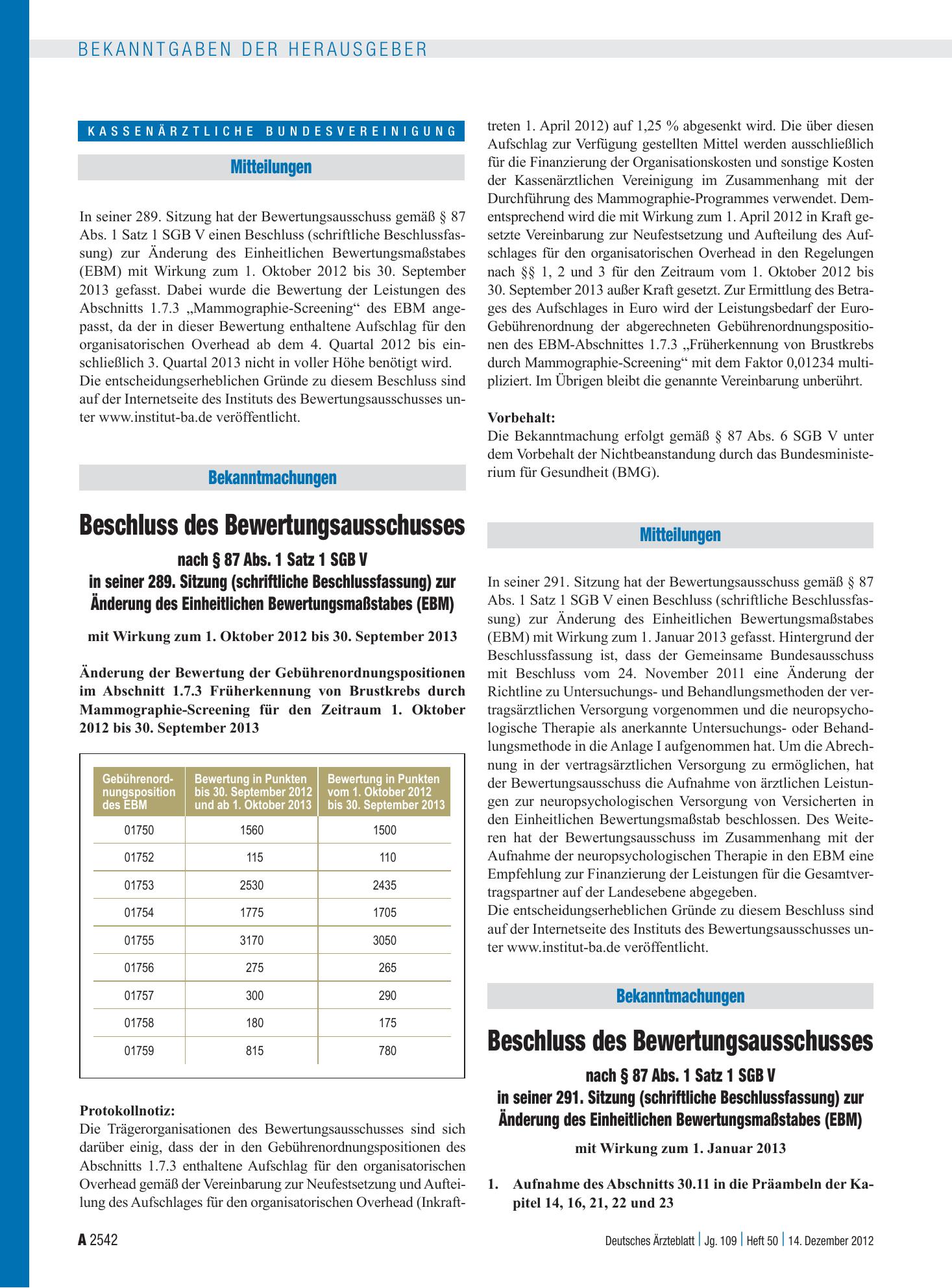 Vorschauseite 1: Beschluss des Bewertungsausschusses nach § 87 Abs. 1 Satz 1 SGB V in seiner 289. Sitzung (schriftliche Beschlussfassung) zur Änderung des Einheitlichen Bewertungsmaßstabes (EBM) –…