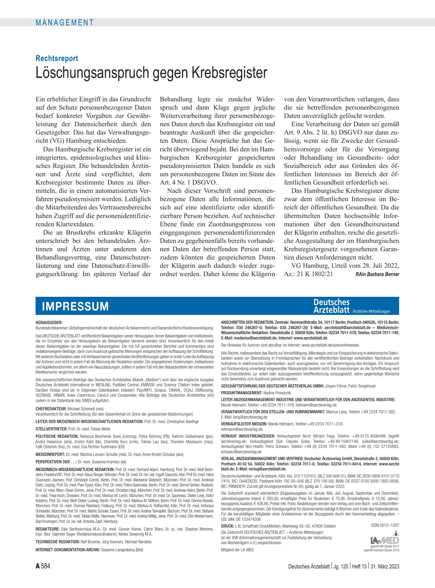 Vorschauseite 1: Rechtsreport: Löschungsanspruch gegen Krebsregister – Deutsches Ärzteblatt