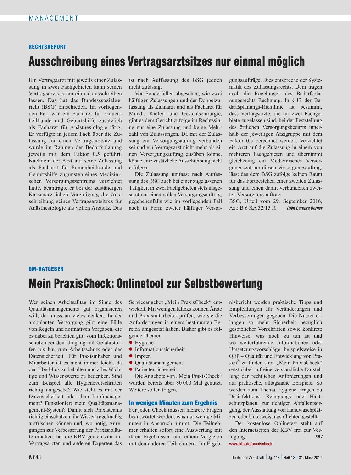 Vorschauseite 1: Rechtsreport: Ausschreibung eines Vertragsarztsitzes nur einmal möglich – Deutsches Ärzteblatt