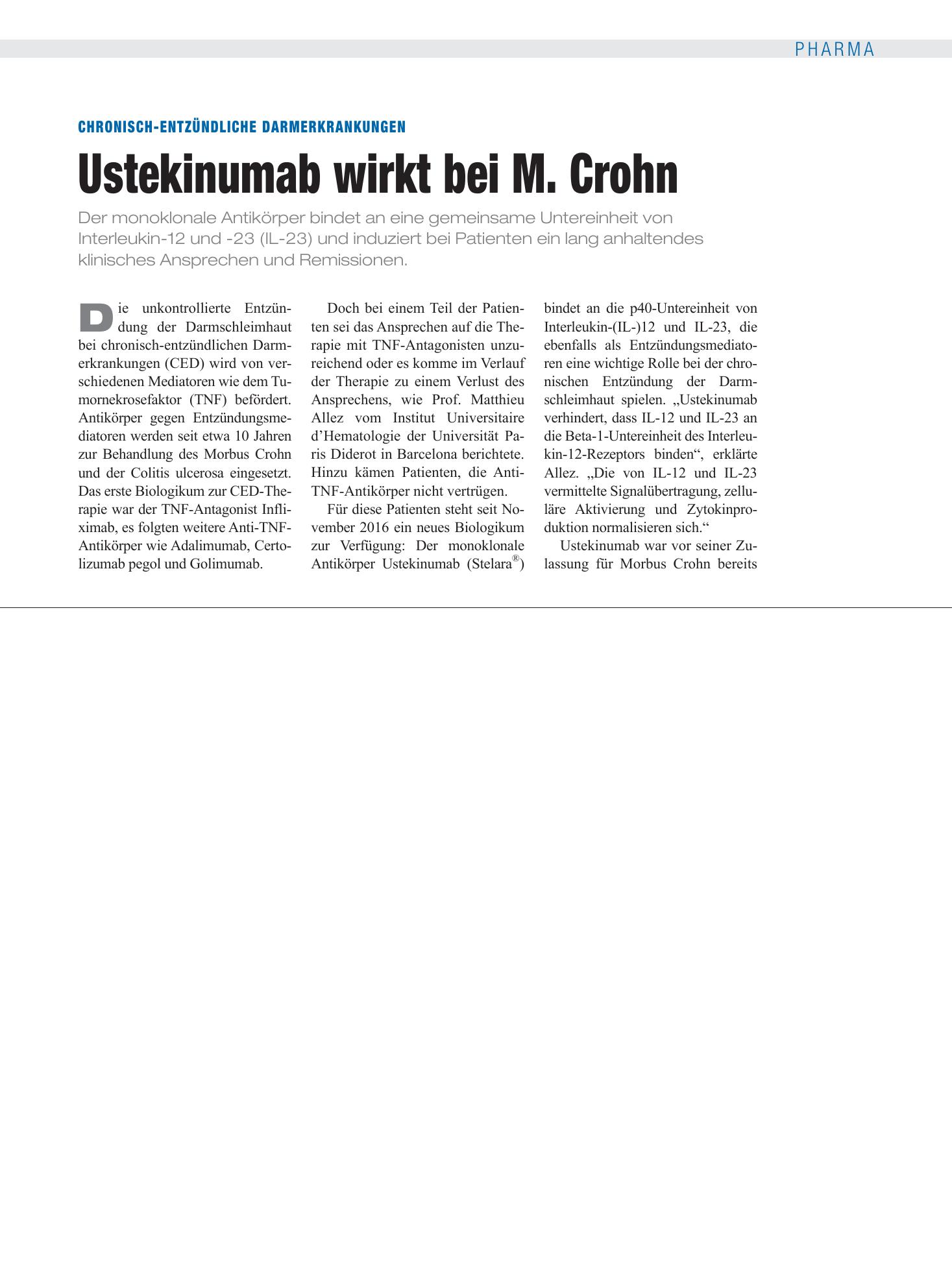 Vorschauseite 1: Chronisch-entzündliche Darmerkrankungen: Ustekinumab wirkt bei M. Crohn – Deutsches Ärzteblatt