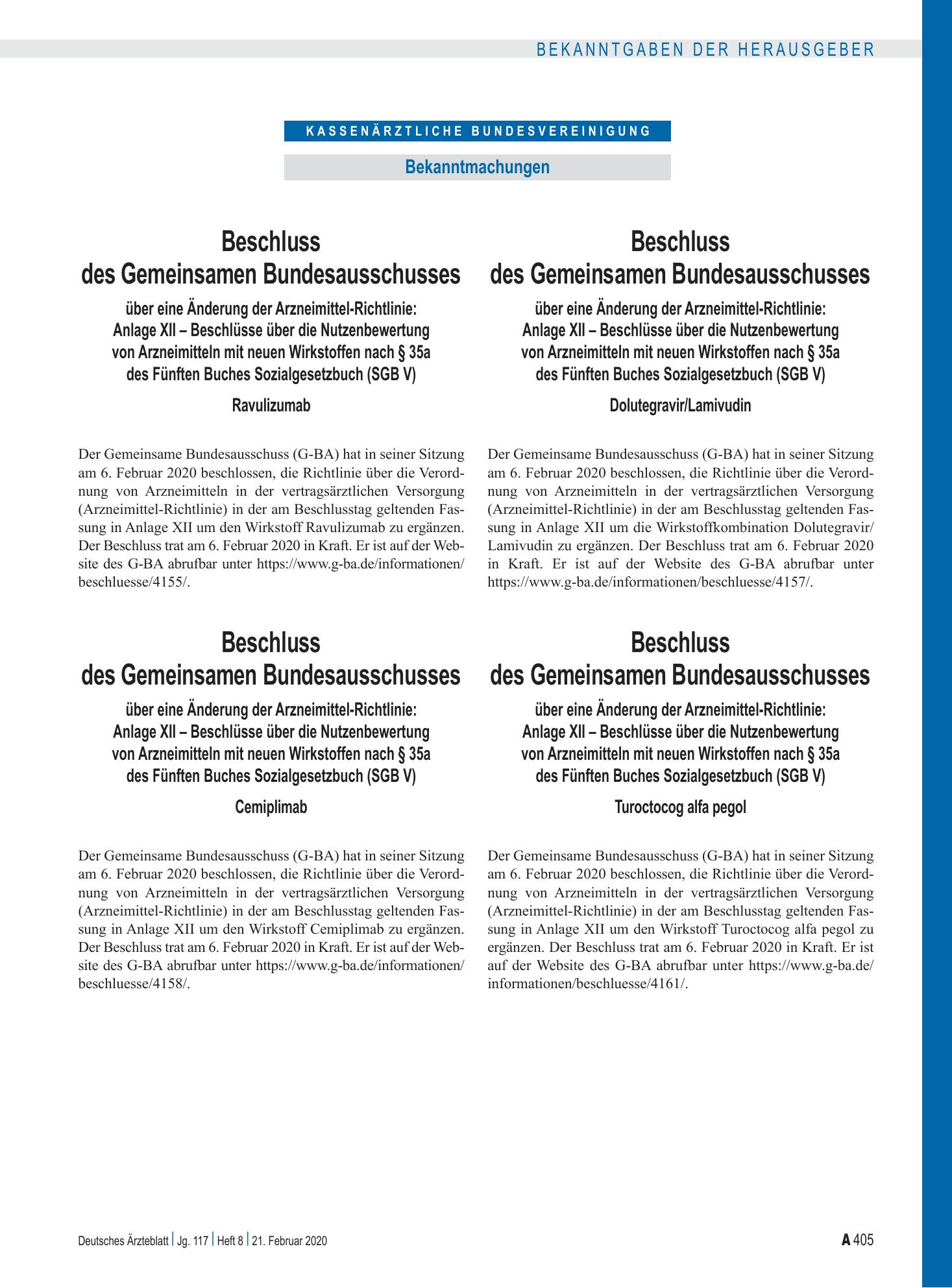 Vorschauseite 1: Beschluss des Gemeinsamen Bundesausschusses über eine Änderung der Arzneimittel-Richtlinie: Anlage XII – Ravulizumab – Deutsches Ärzteblatt