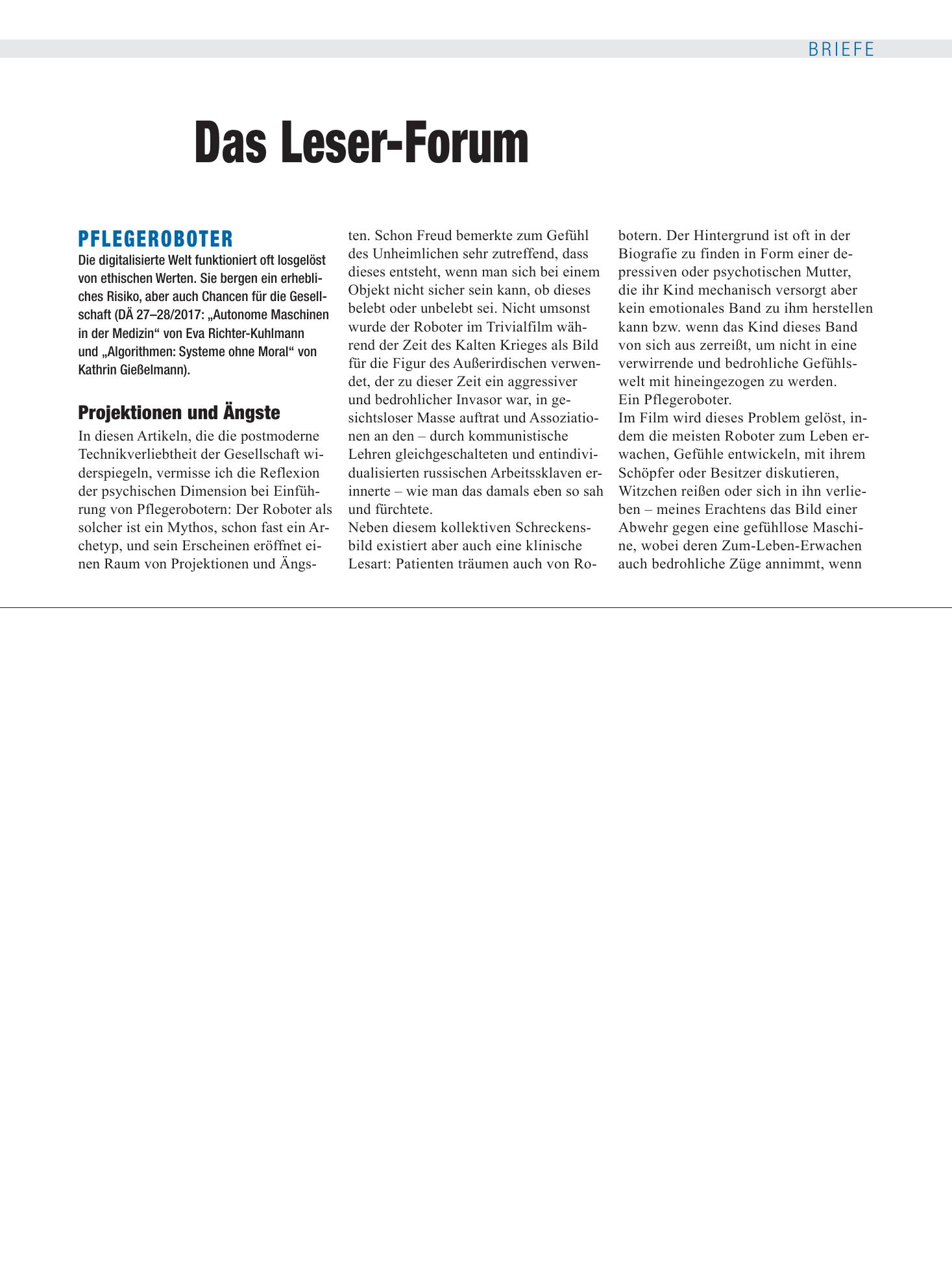 Vorschauseite 1: Pflegeroboter: Projektionen und Ängste – Deutsches Ärzteblatt