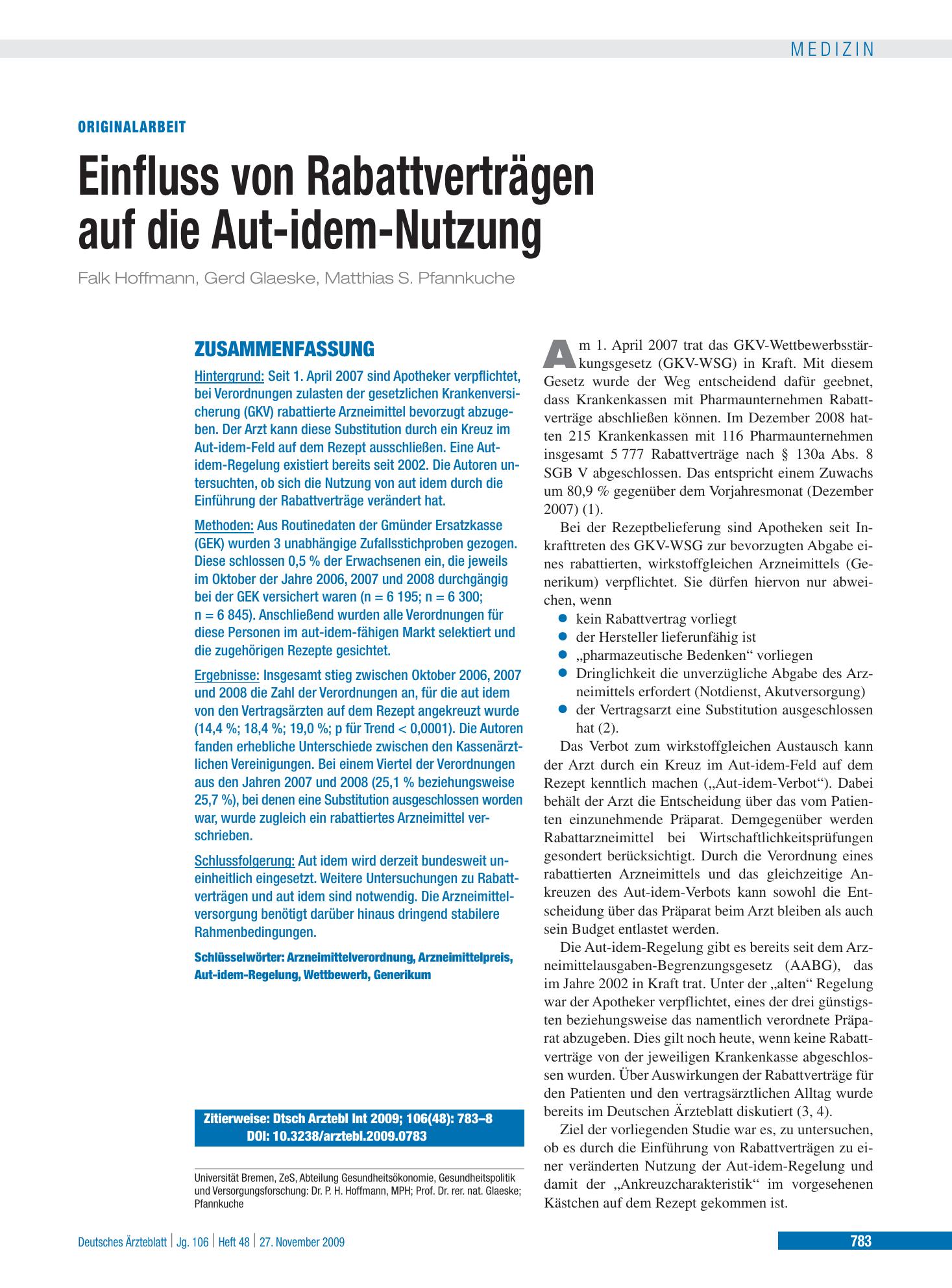 Vorschauseite 1: Einfluss von Rabattverträgen auf die Aut-idem-Nutzung – Deutsches Ärzteblatt