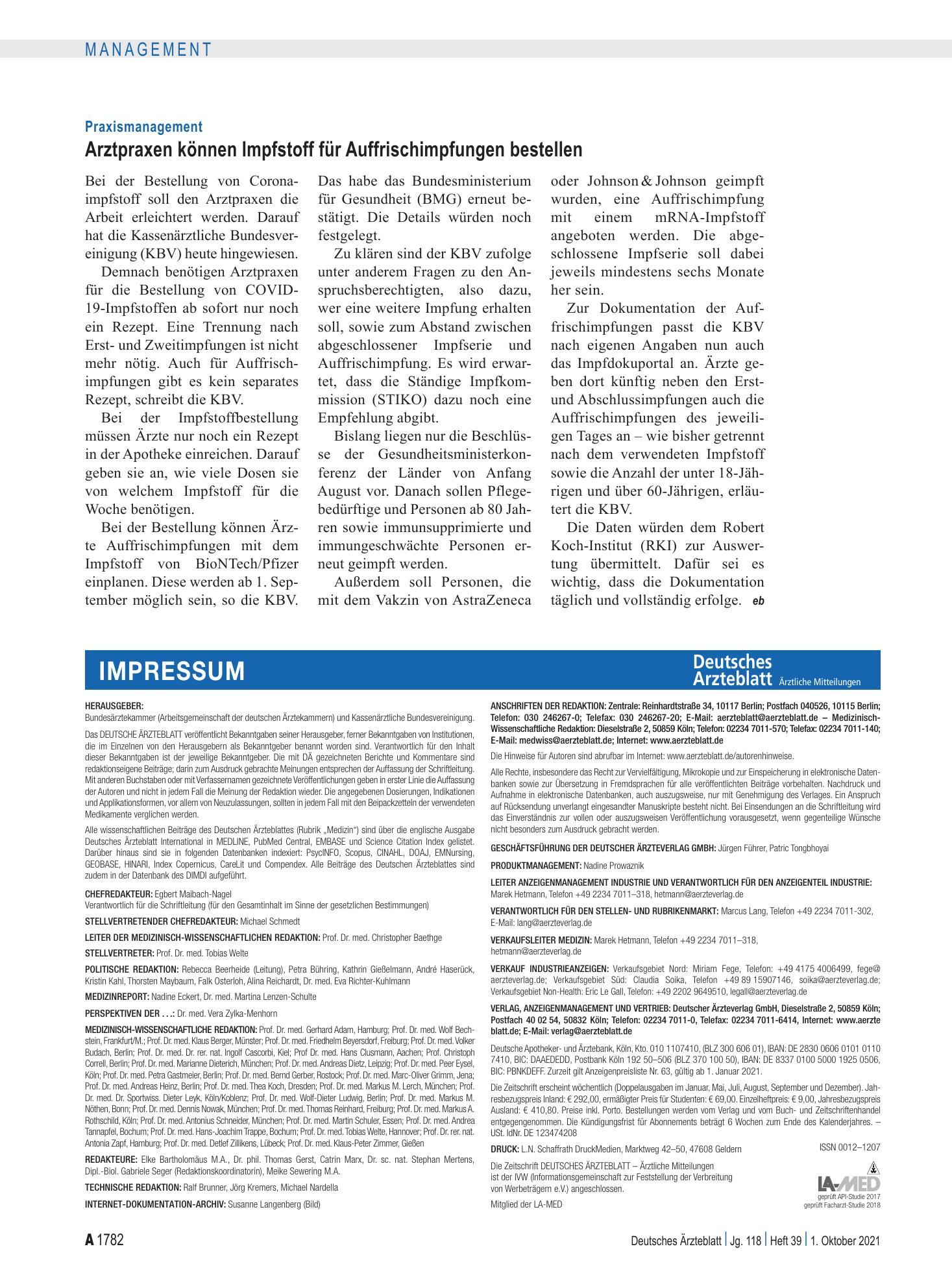 Vorschauseite 1: Praxismanagement: Arztpraxen können Impfstoff für Auffrischimpfungen bestellen – Deutsches Ärzteblatt