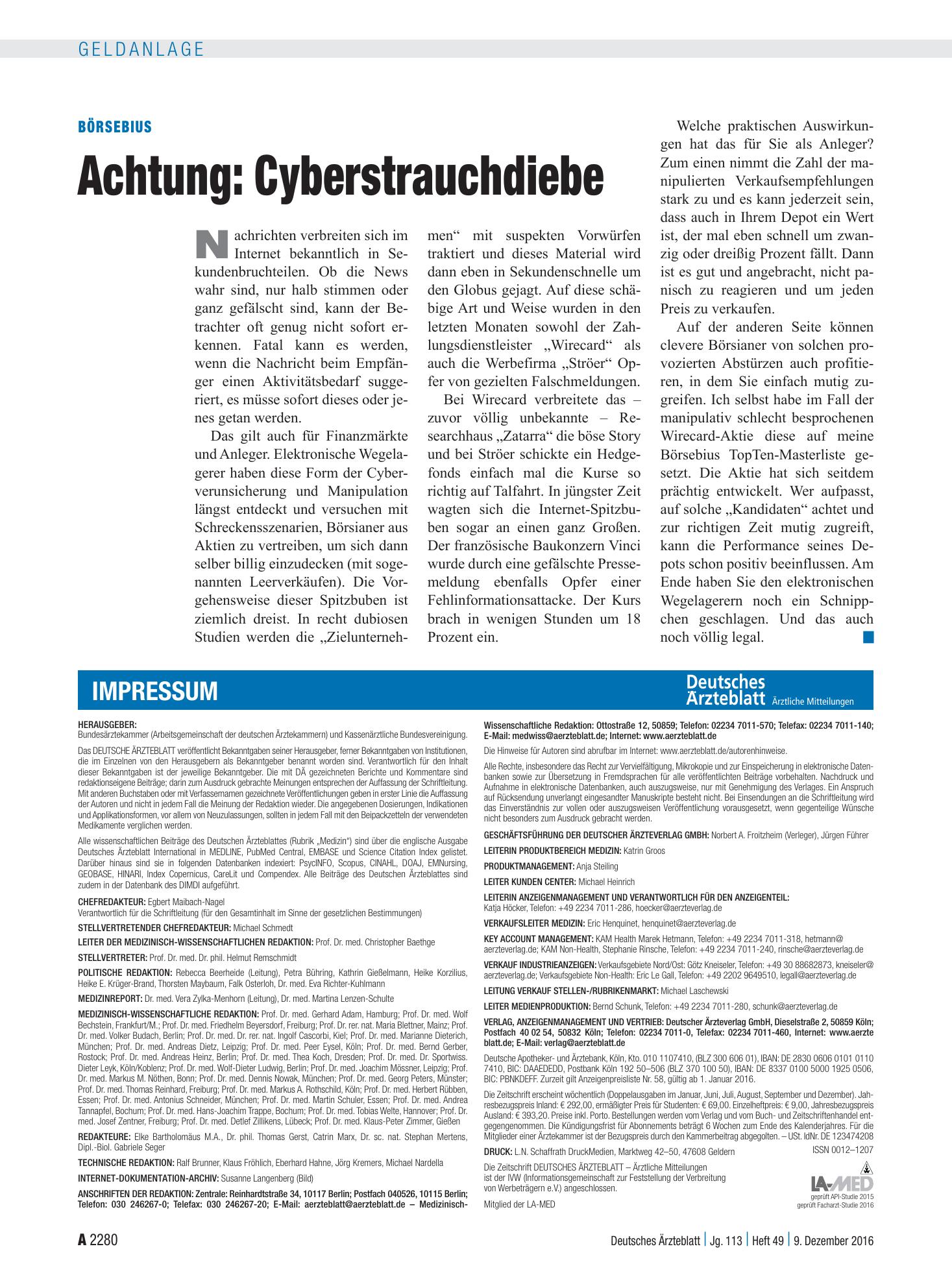 Vorschauseite 1: Börsebius: Achtung – Cyberstrauchdiebe – Deutsches Ärzteblatt