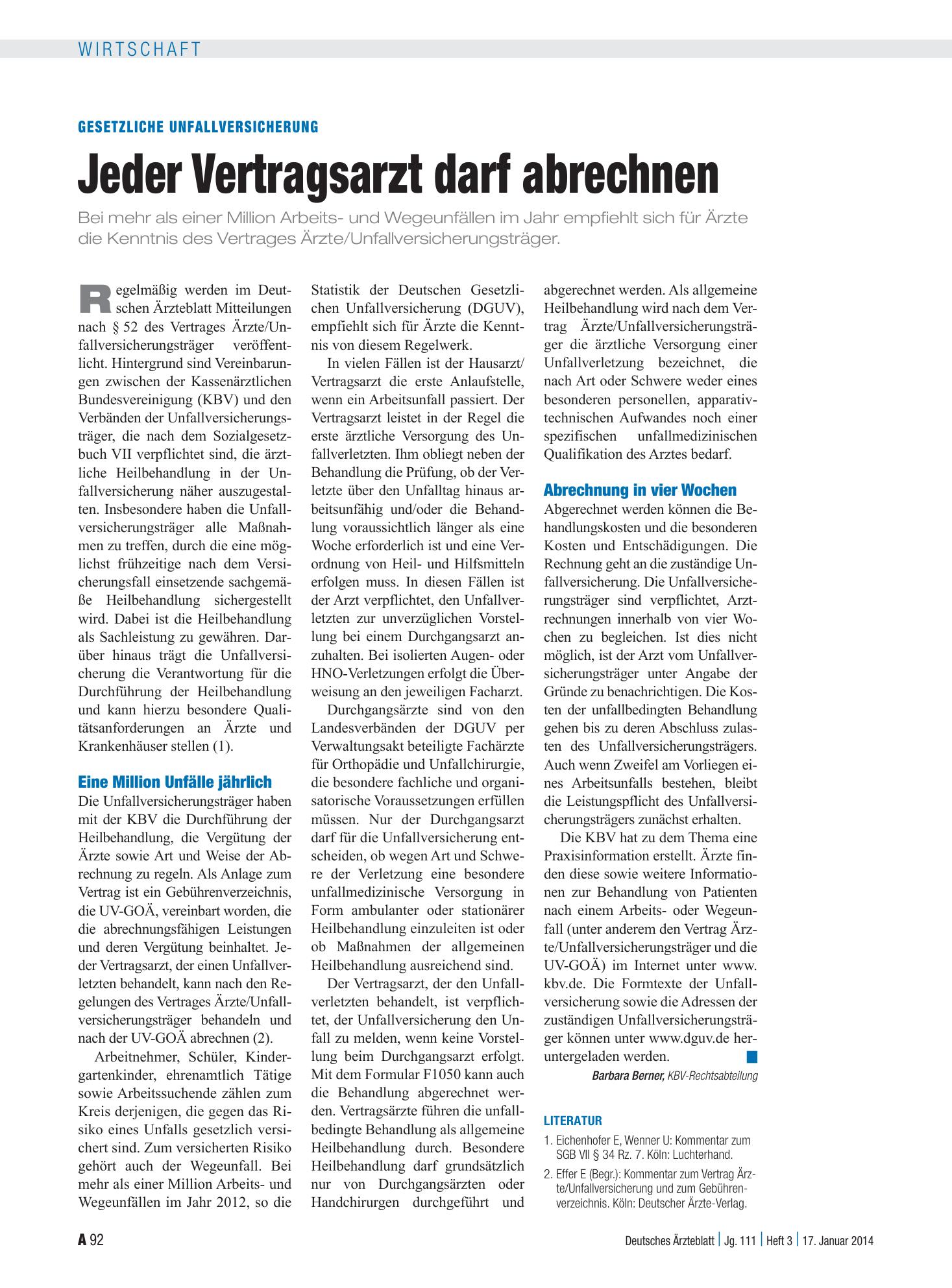 Vorschauseite 1: Gesetzliche Unfallversicherung: Jeder Vertragsarzt darf abrechnen – Deutsches Ärzteblatt