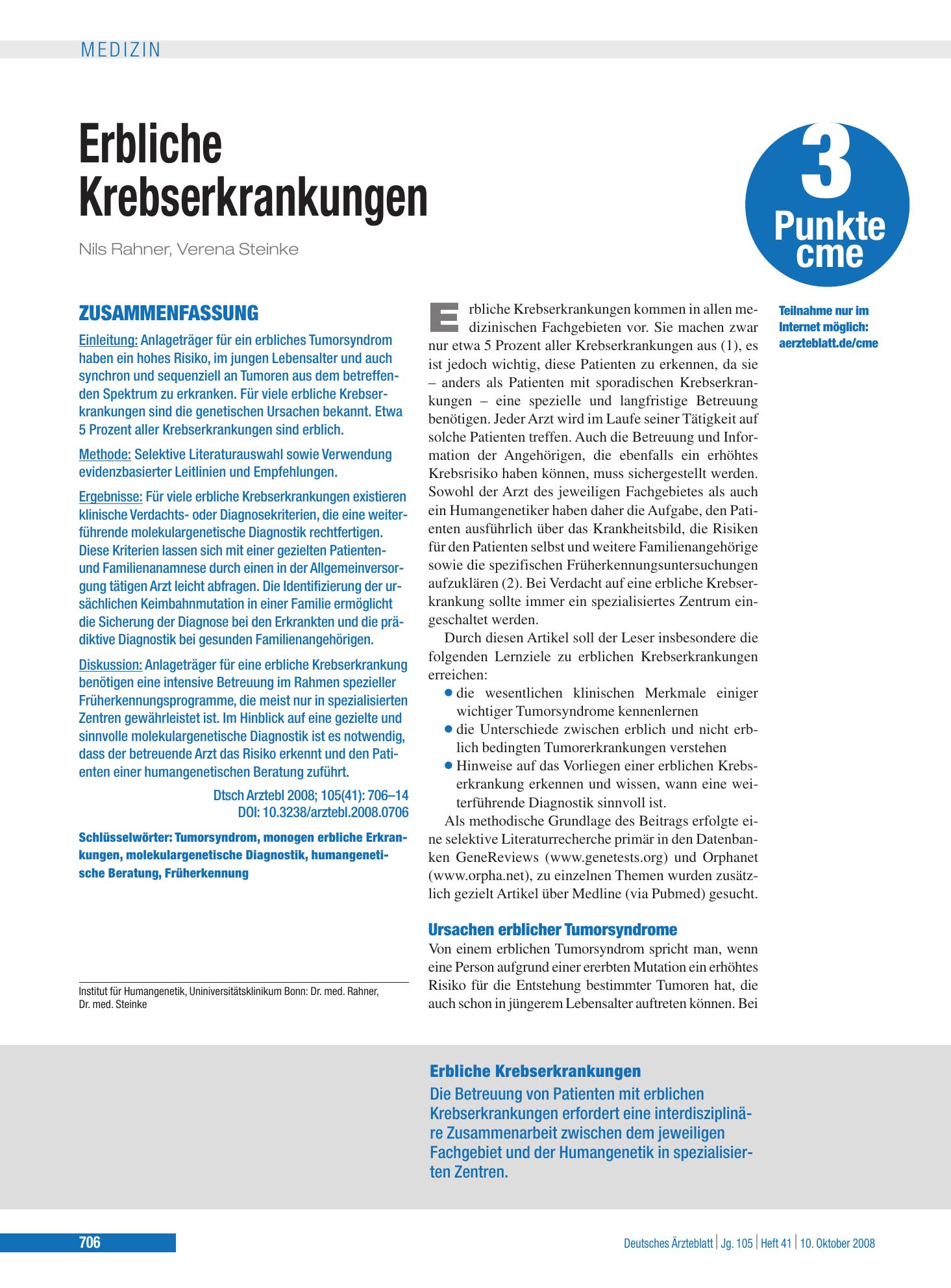 Vorschauseite 1: Erbliche Krebserkrankungen – Deutsches Ärzteblatt