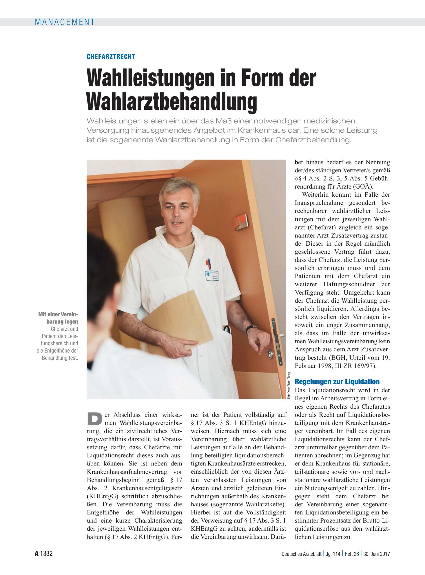 Vorschauseite 1: Chefarztrecht: Wahlleistungen in Form der Wahlarztbehandlung – Deutsches Ärzteblatt