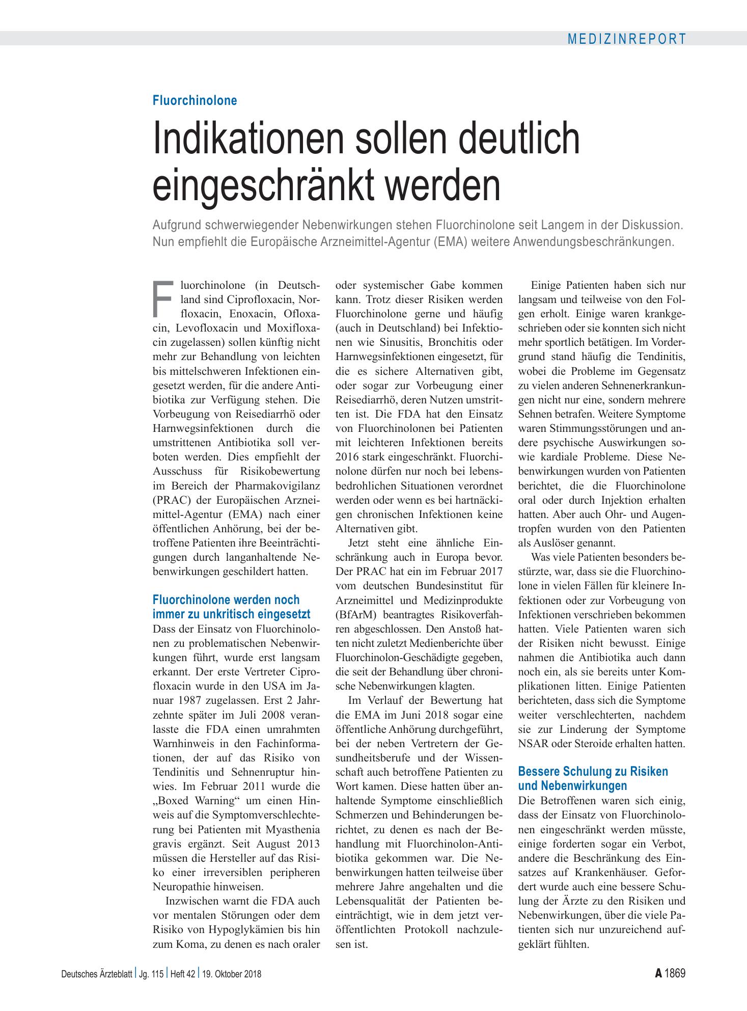 Vorschauseite 1: Fluorchinolone: Indikationen sollen deutlich eingeschränkt werden – Deutsches Ärzteblatt