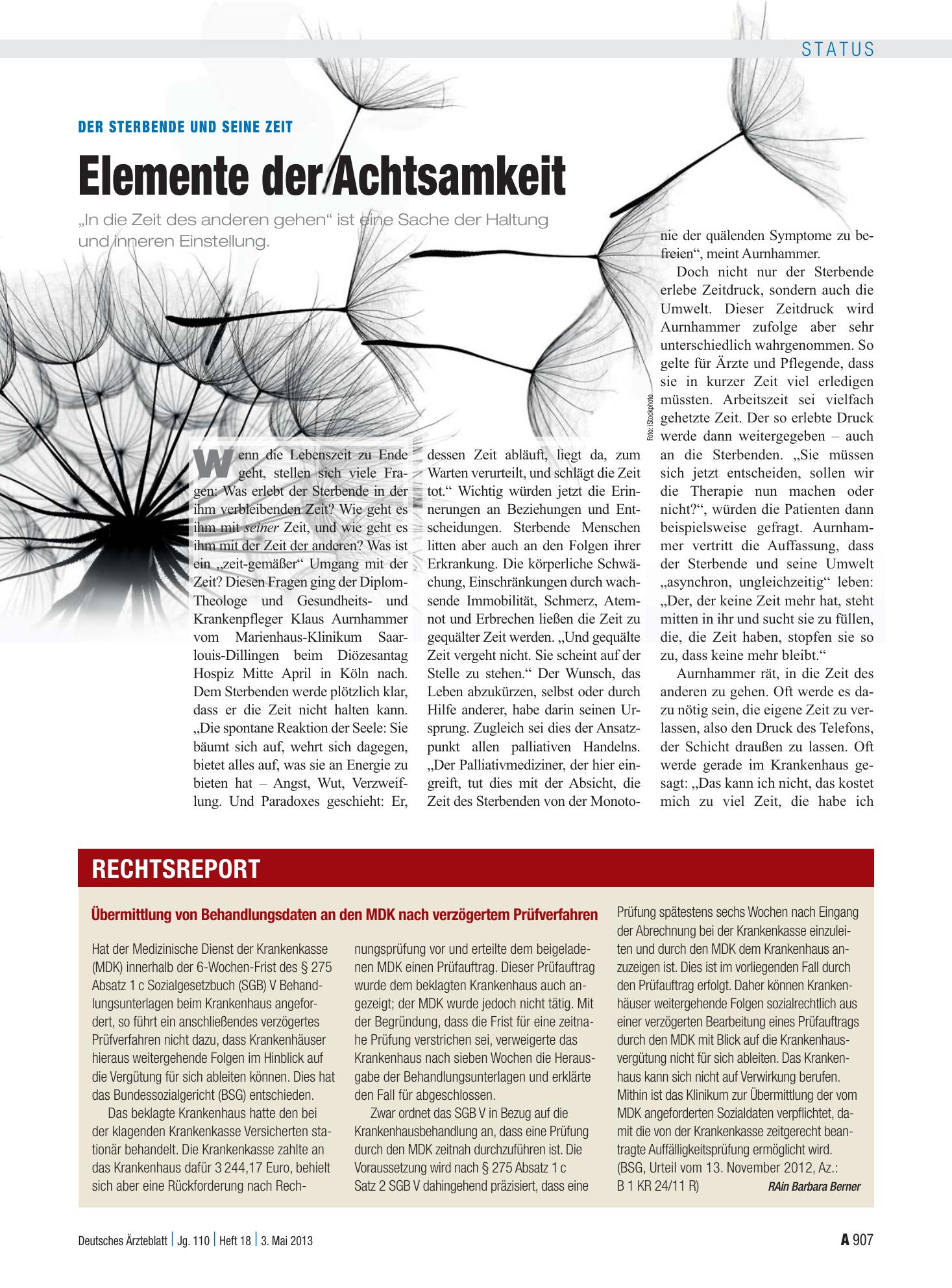 Vorschauseite 1: Der Sterbende und seine Zeit: Elemente der Achtsamkeit – Deutsches Ärzteblatt
