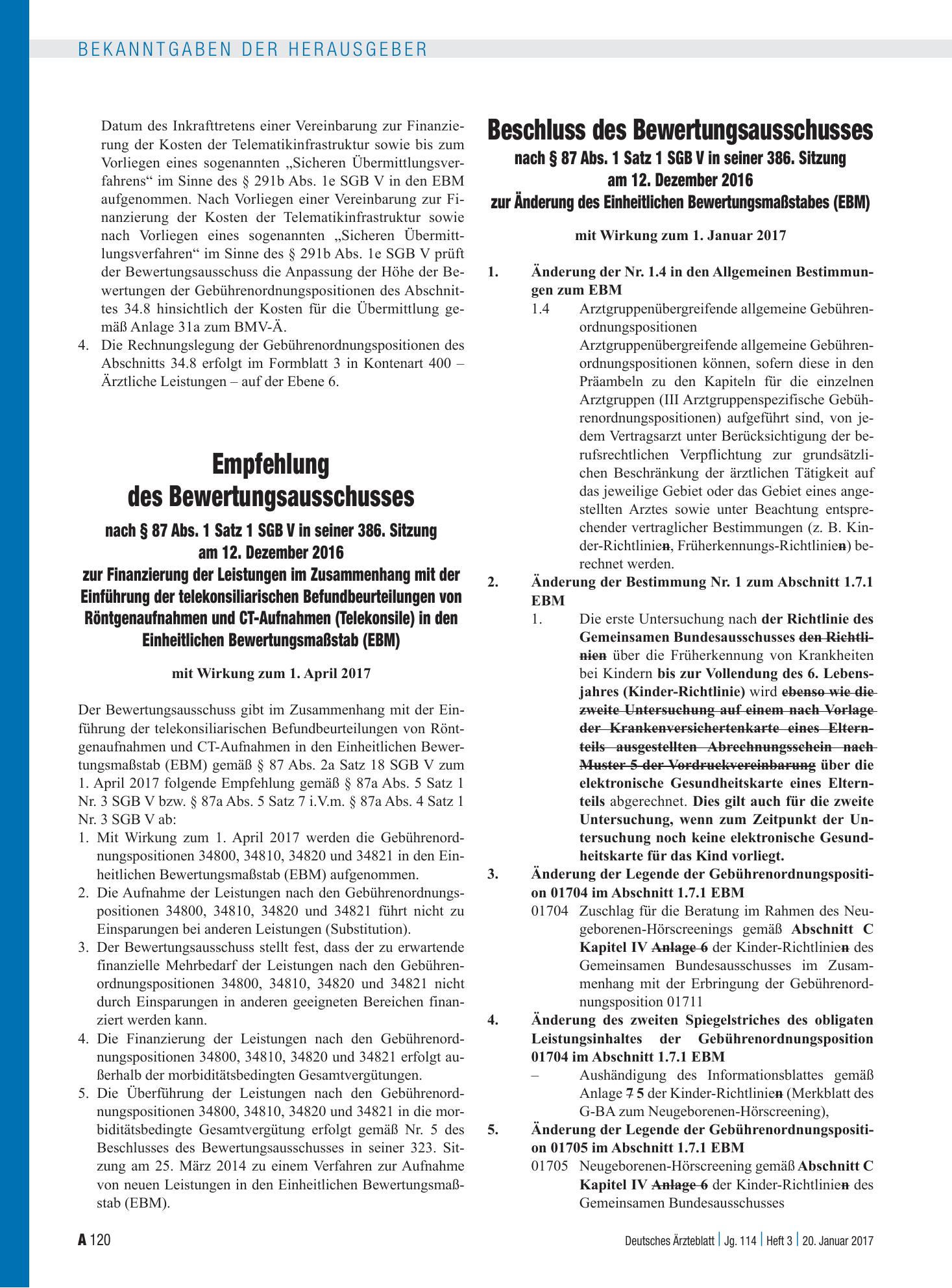 Vorschauseite 1: Beschluss des Bewertungsausschusses nach § 87 Abs. 1 Satz 1 SGB V in seiner 386. Sitzung am 12. Dezember 2016 zur Änderung des Einheitlichen Bewertungsmaßstabes (EBM) – Deutsches…
