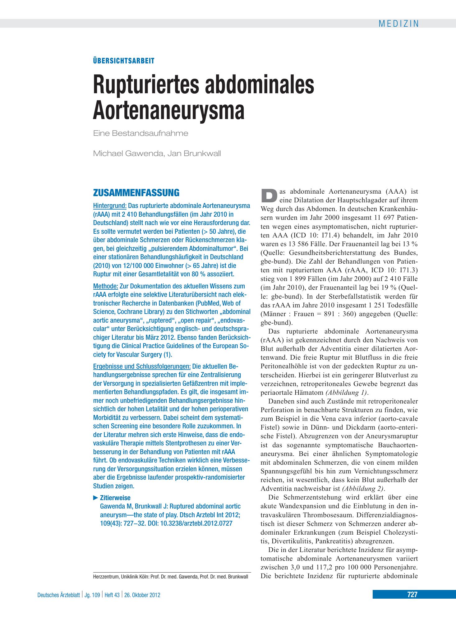 Vorschauseite 1: Rupturiertes abdominales Aortenaneurysma – Deutsches Ärzteblatt