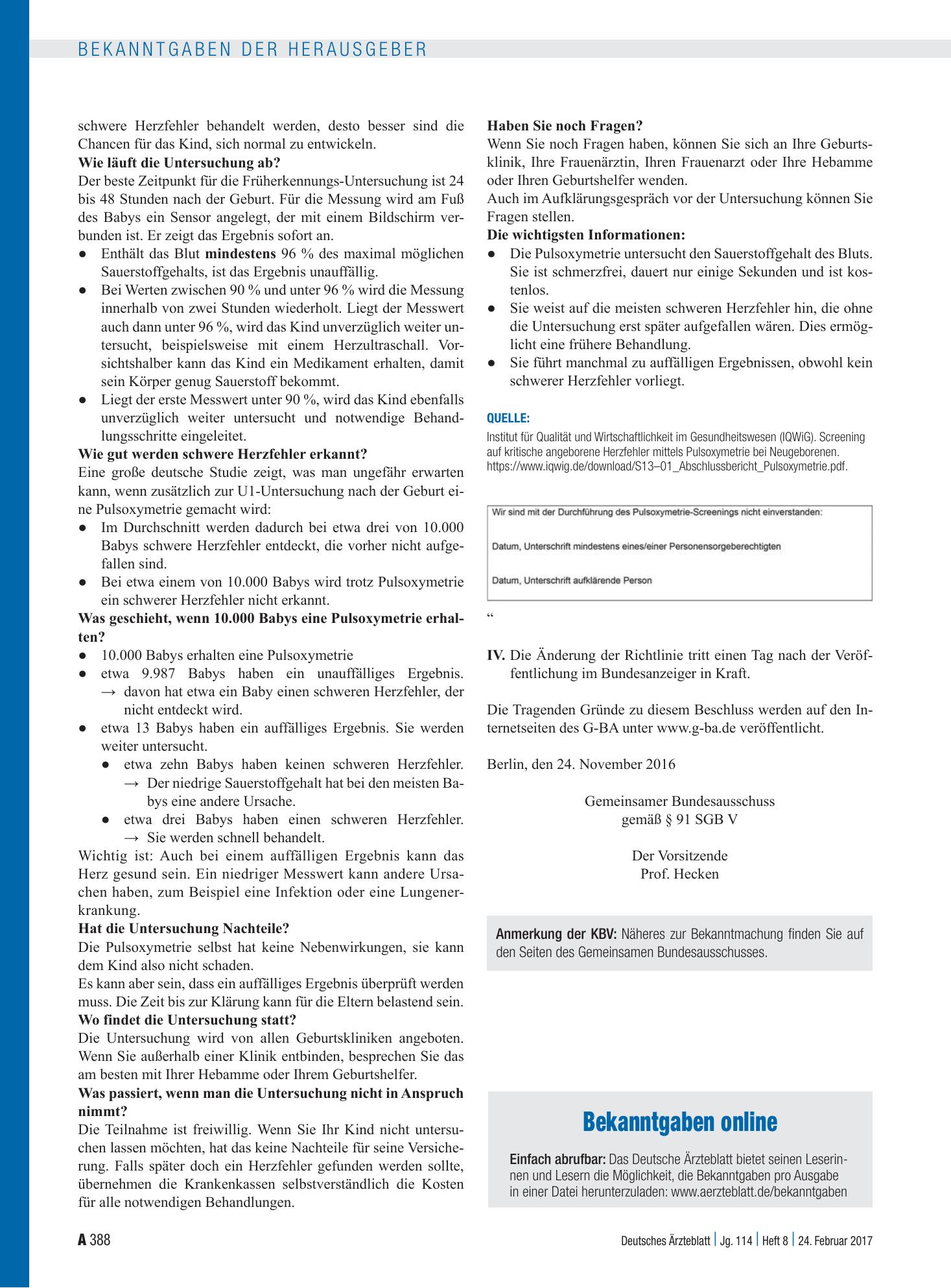 Vorschauseite 1: Bekanntgaben online – Deutsches Ärzteblatt