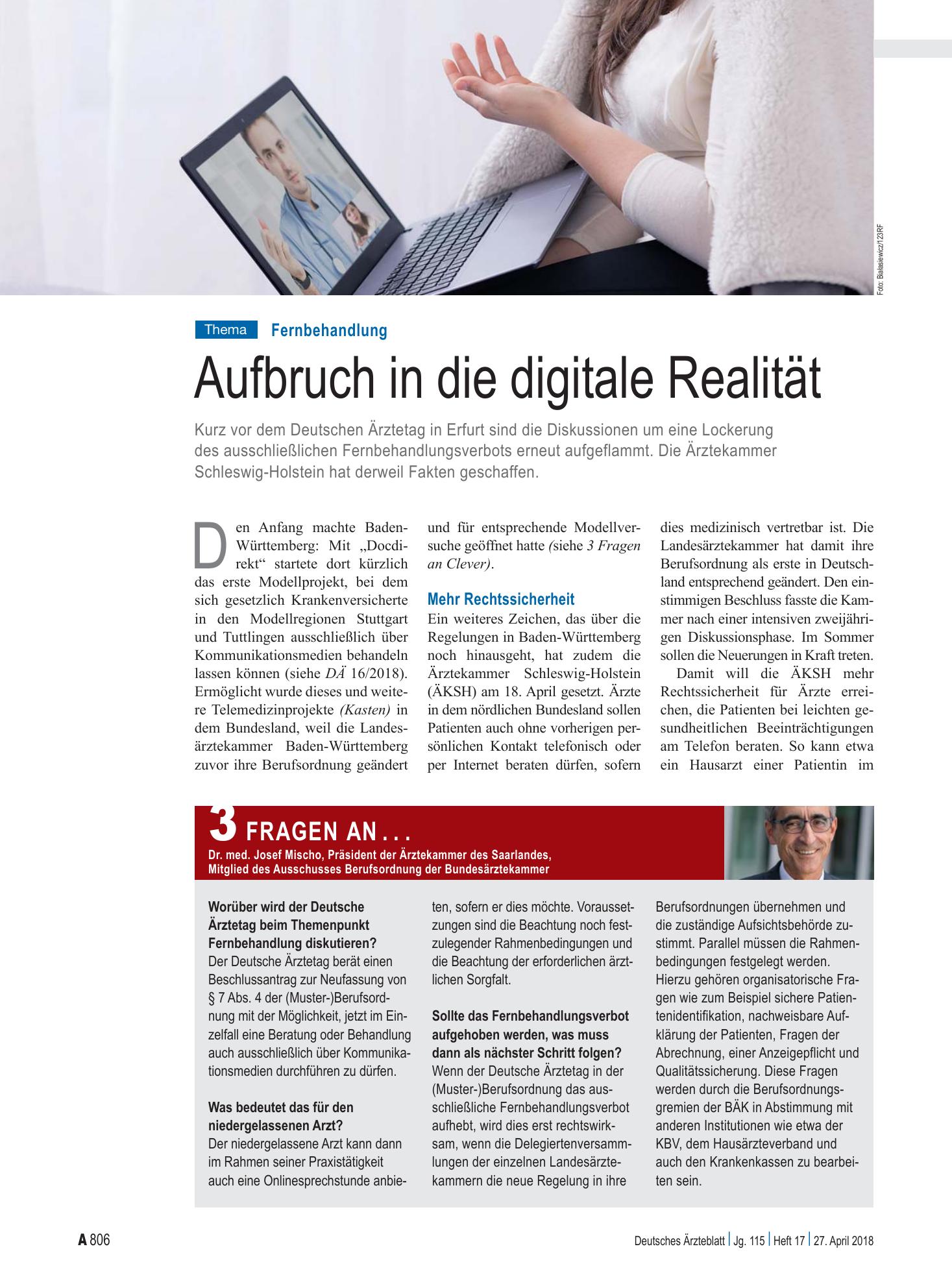Vorschauseite 1: Fernbehandlung: Aufbruch in die digitale Realität – Deutsches Ärzteblatt