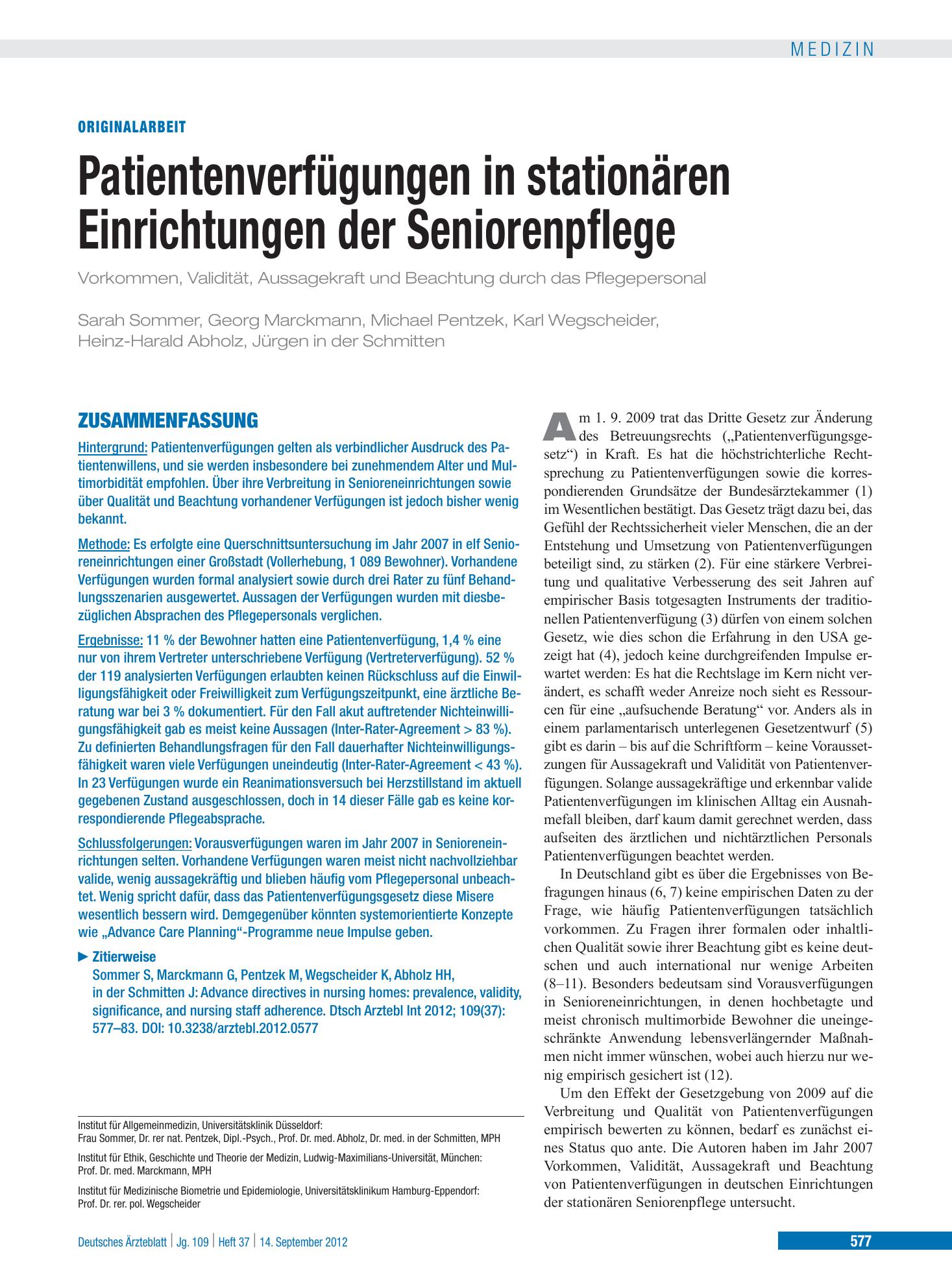 Vorschauseite 1: Patientenverfügungen in stationären Einrichtungen der Seniorenpflege – Deutsches Ärzteblatt