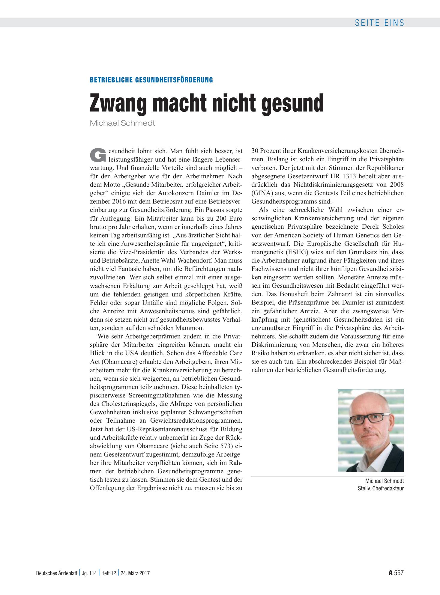 Vorschauseite 1: Betriebliche Gesundheitsförderung: Zwang macht nicht gesund – Deutsches Ärzteblatt