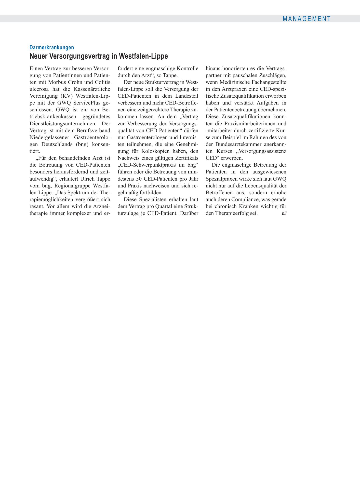 Vorschauseite 1: Darmerkrankungen: Neuer Versorgungsvertrag in Westfalen-Lippe – Deutsches Ärzteblatt