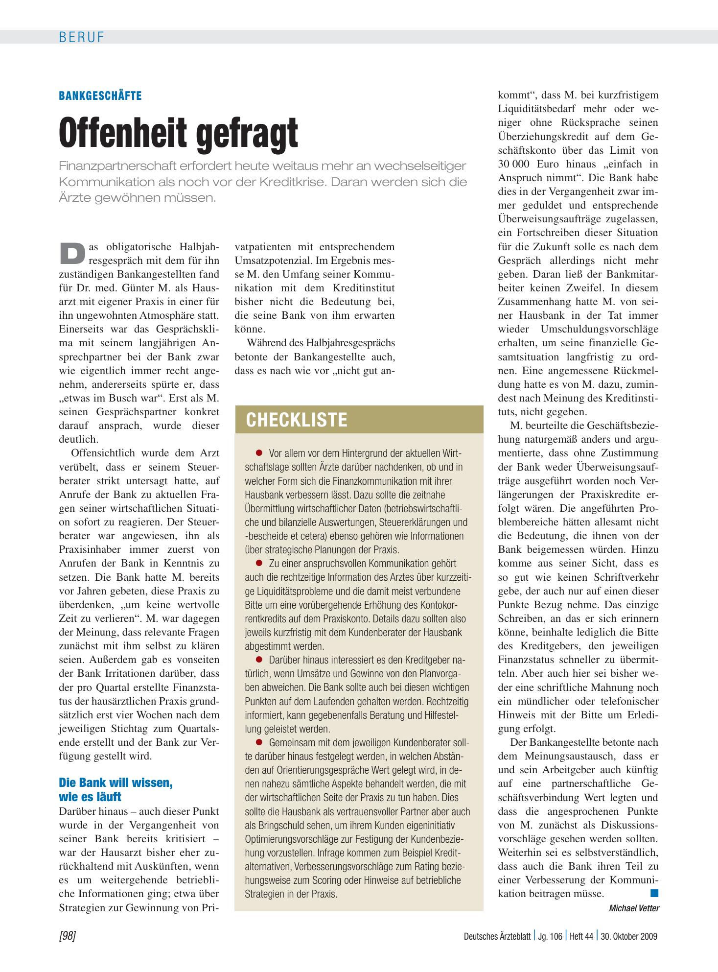 Vorschauseite 1: Bankgeschäfte: Offenheit gefragt – Deutsches Ärzteblatt