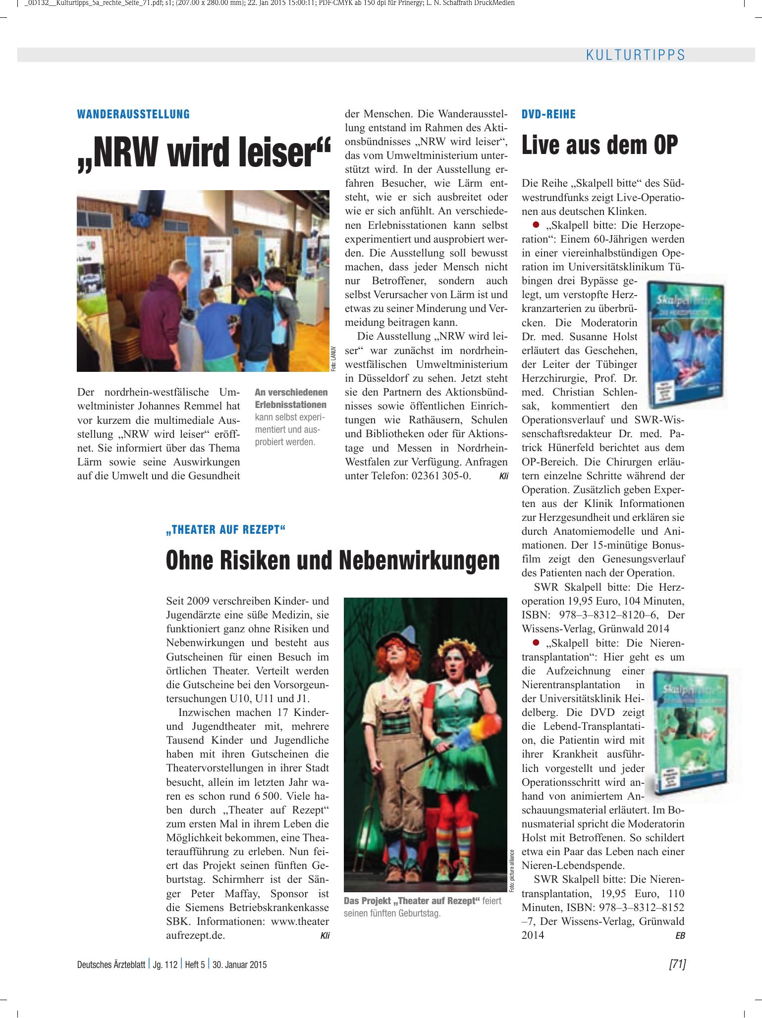 Vorschauseite 1: Wanderausstellung: „NRW wird leiser“ – Deutsches Ärzteblatt