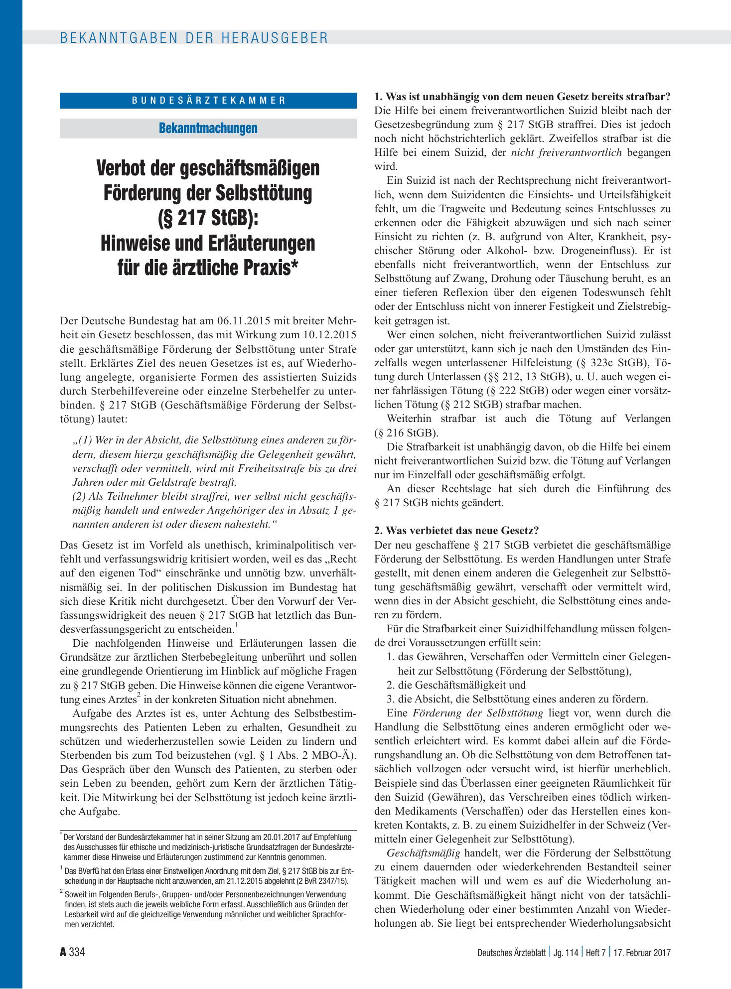 Vorschauseite 1: Verbot der geschäftsmäßigen Förderung der Selbsttötung (§ 217 StGB): Hinweise und Erläuterungen für die ärztliche Praxis* – Deutsches Ärzteblatt