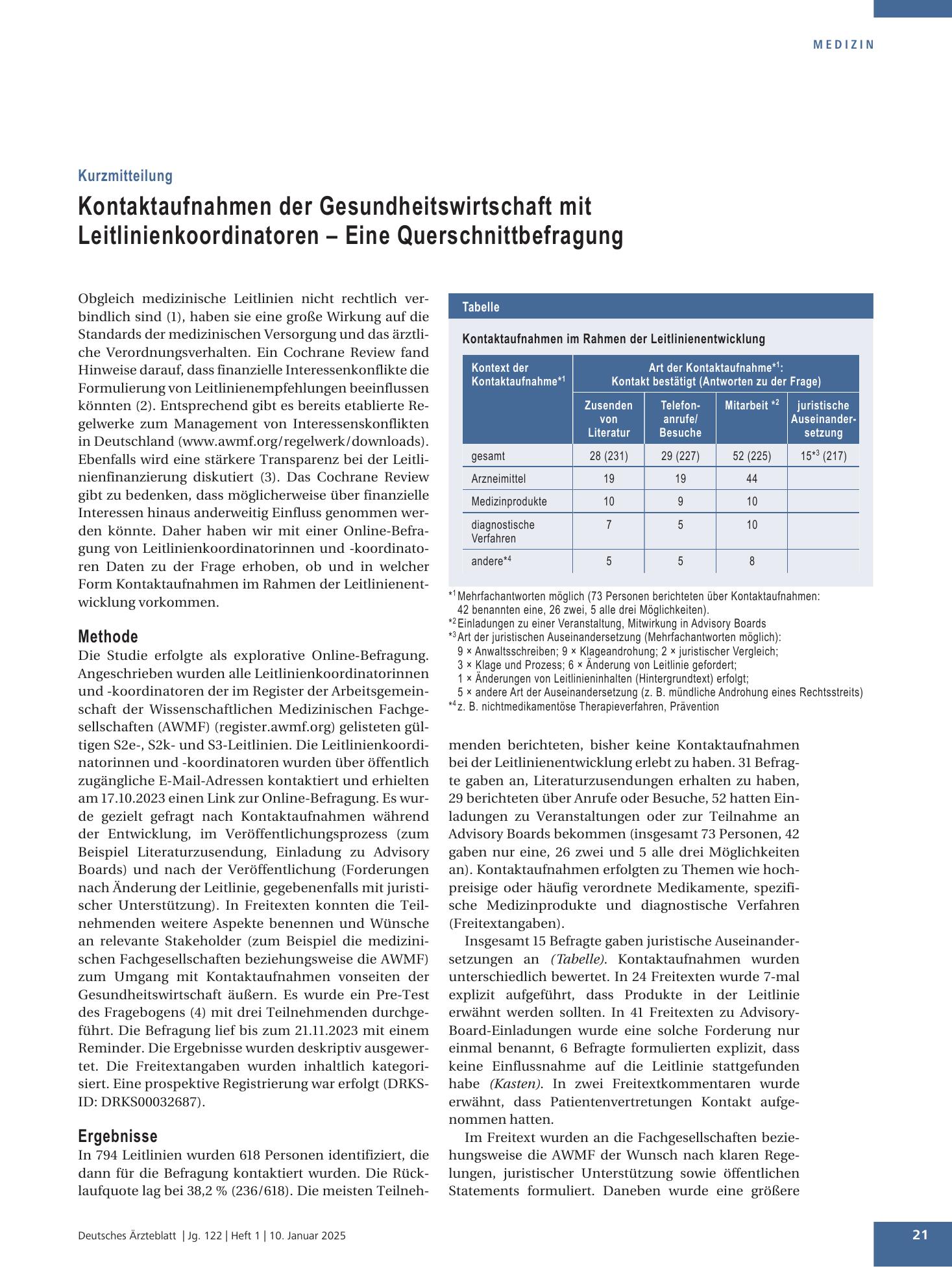 Vorschauseite 1: Kontaktaufnahmen der Gesundheitswirtschaft mit Leitlinienkoordinatoren – Eine Querschnittbefragung – Deutsches Ärzteblatt