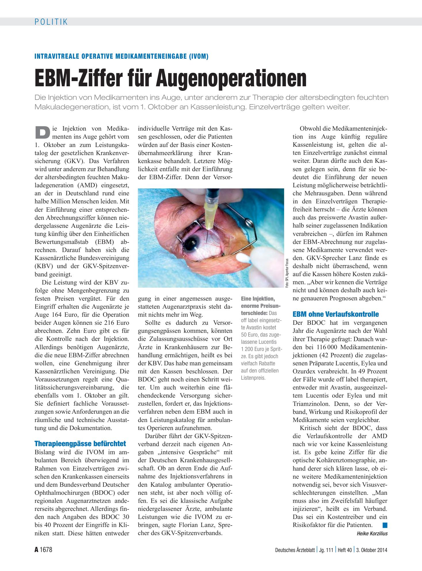 Vorschauseite 1: Intravitreale operative Medikamenteneingabe (IVOM): EBM-Ziffer für Augenoperationen – Deutsches Ärzteblatt