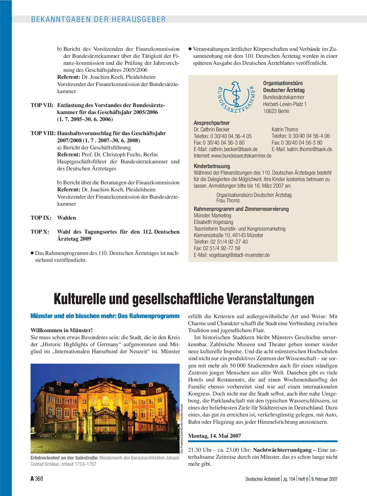 Vorschauseite 1: 110. Deutschen Ärztetag: Kulturelle und gesellschaftliche Veranstaltungen – Deutsches Ärzteblatt