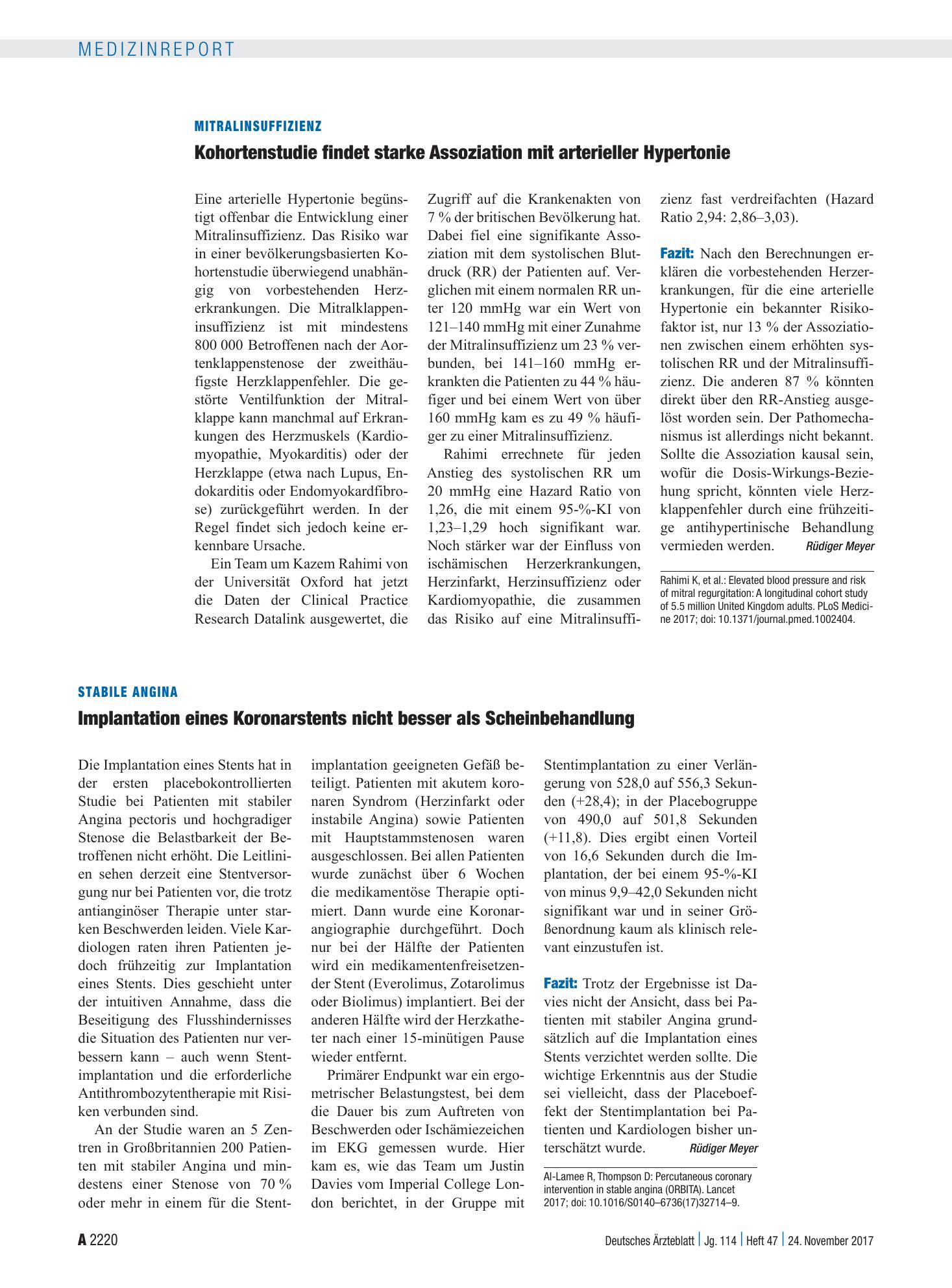 Vorschauseite 1: Stabile Angina: Implantation eines Koronarstents nicht besser als Scheinbehandlung – Deutsches Ärzteblatt