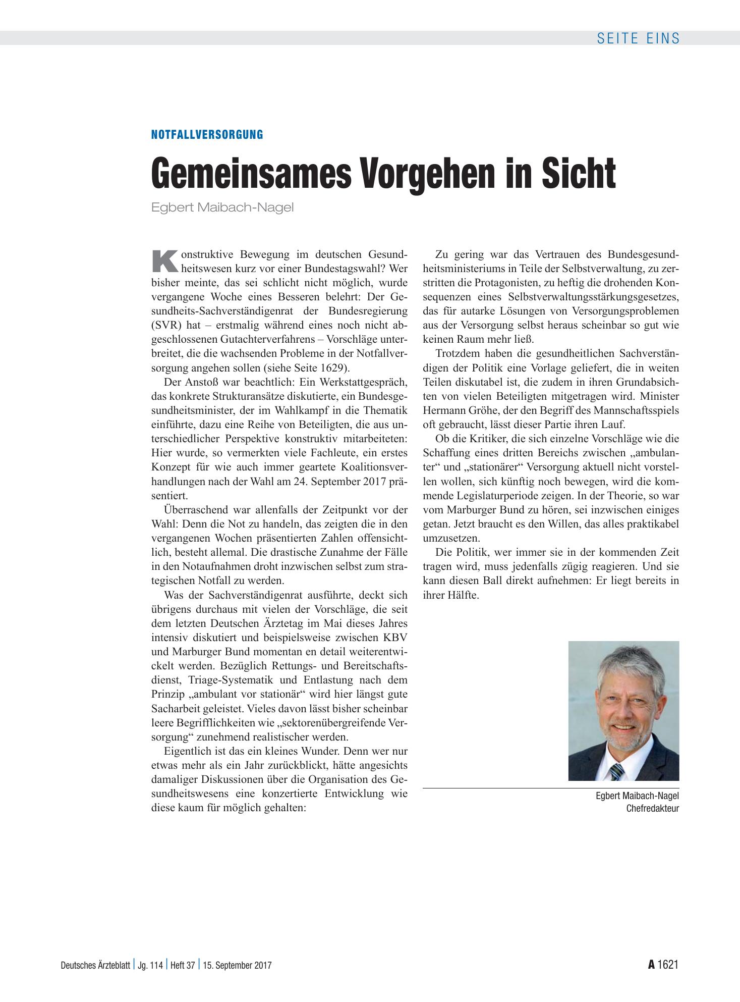 Vorschauseite 1: Notfallversorgung: Gemeinsames Vorgehen in Sicht – Deutsches Ärzteblatt