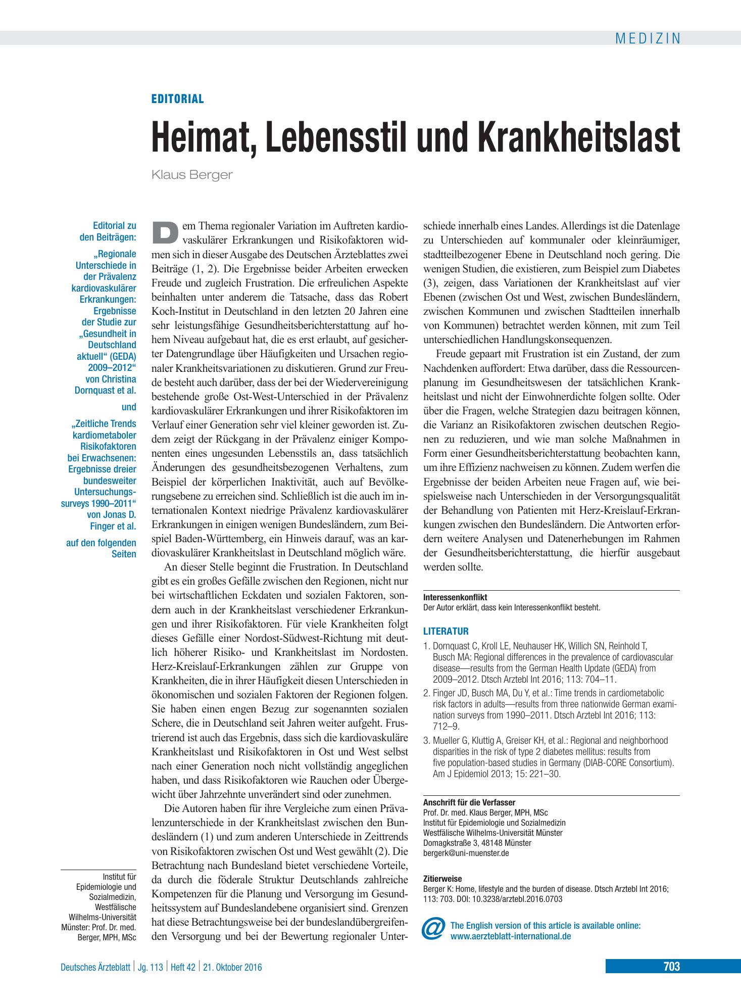 Vorschauseite 1: Heimat, Lebensstil und Krankheitslast – Deutsches Ärzteblatt