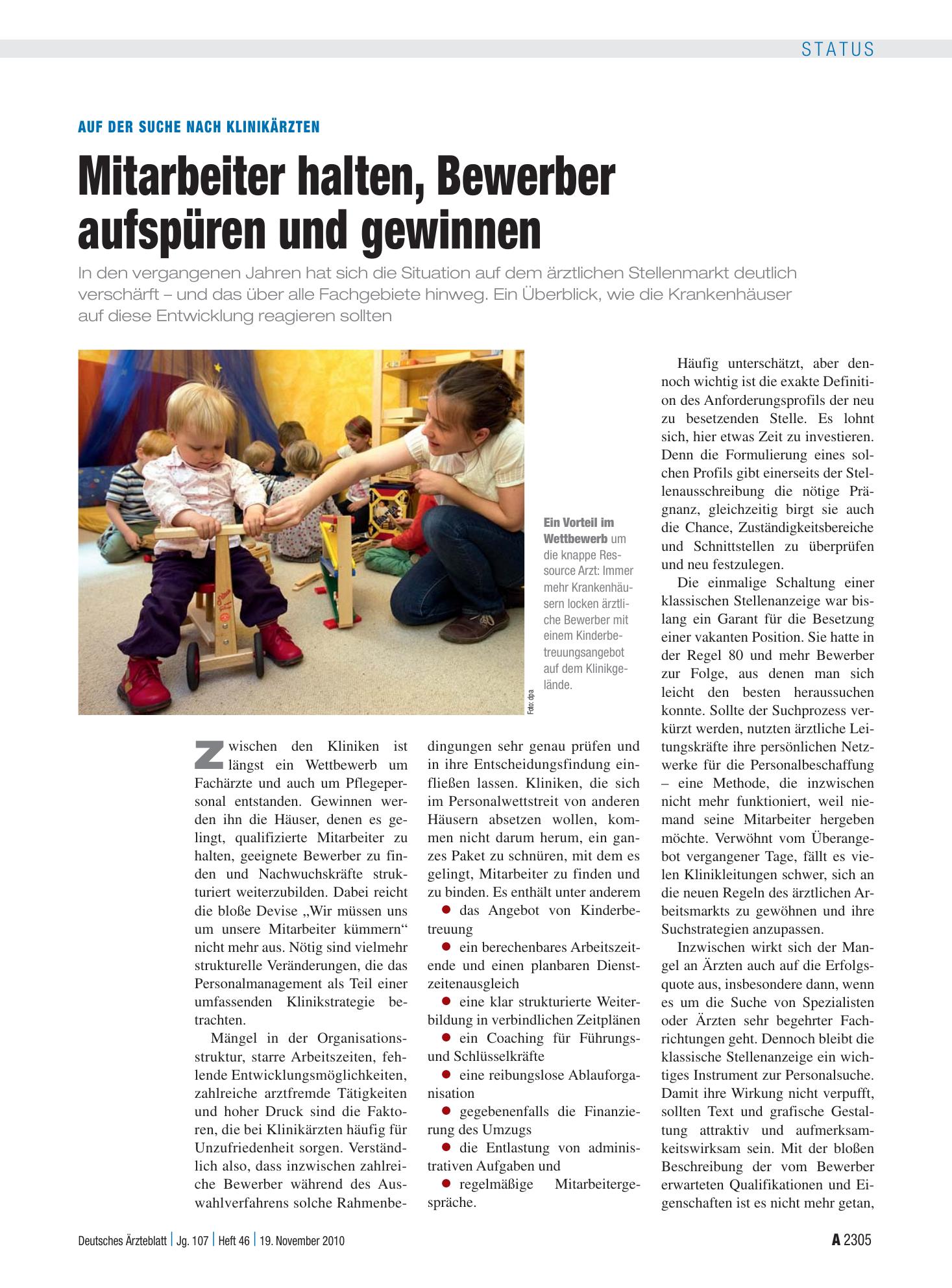 Vorschauseite 1: Auf der Suche nach Klinikärzten: Mitarbeiter halten, Bewerber aufspüren und gewinnen – Deutsches Ärzteblatt