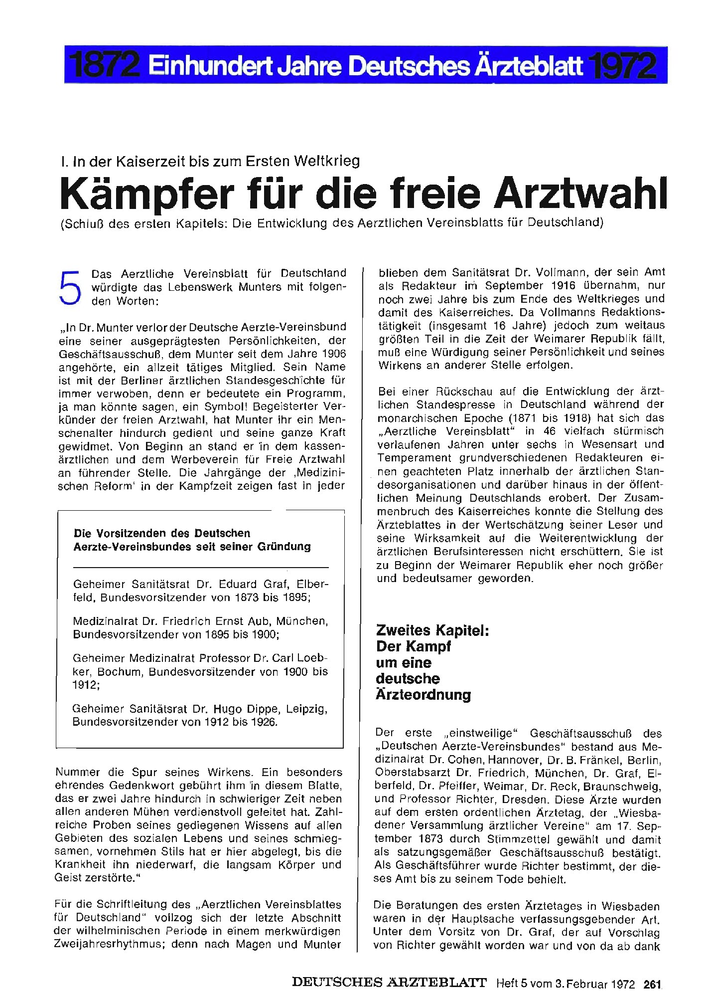 Vorschauseite 1: I. In der Kaiserzeit bis zum Ersten Weltkrieg: Kämpfer für die freie Arztwahl (Schluß des ersten Kapitels: Die Entwicklung des Aerztlichen Vereinsblatts für Deutschland)