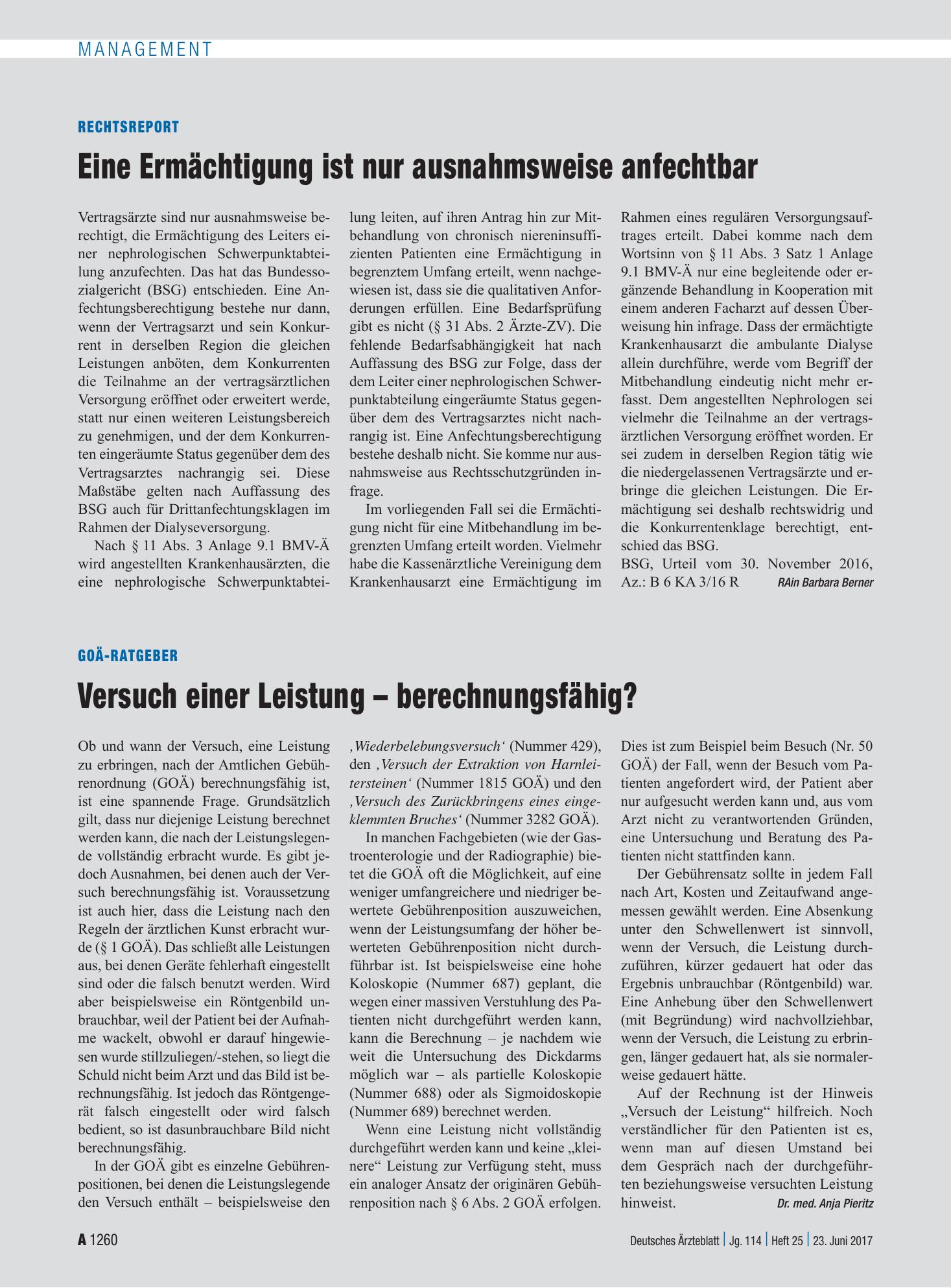 Vorschauseite 1: GOÄ-Ratgeber: Versuch einer Leistung – berechnungsfähig? – Deutsches Ärzteblatt