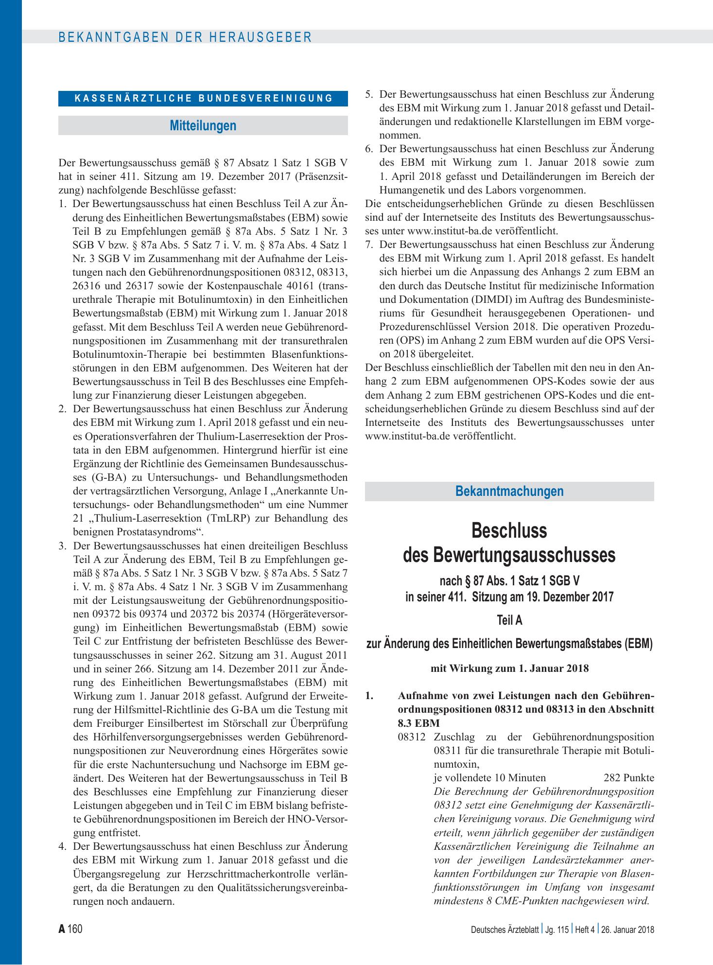Vorschauseite 1: Beschluss des Bewertungsausschusses nach § 87 Abs. 1 Satz 1 SGB V in seiner 411. Sitzung: Teil A , TEIL B – Deutsches Ärzteblatt