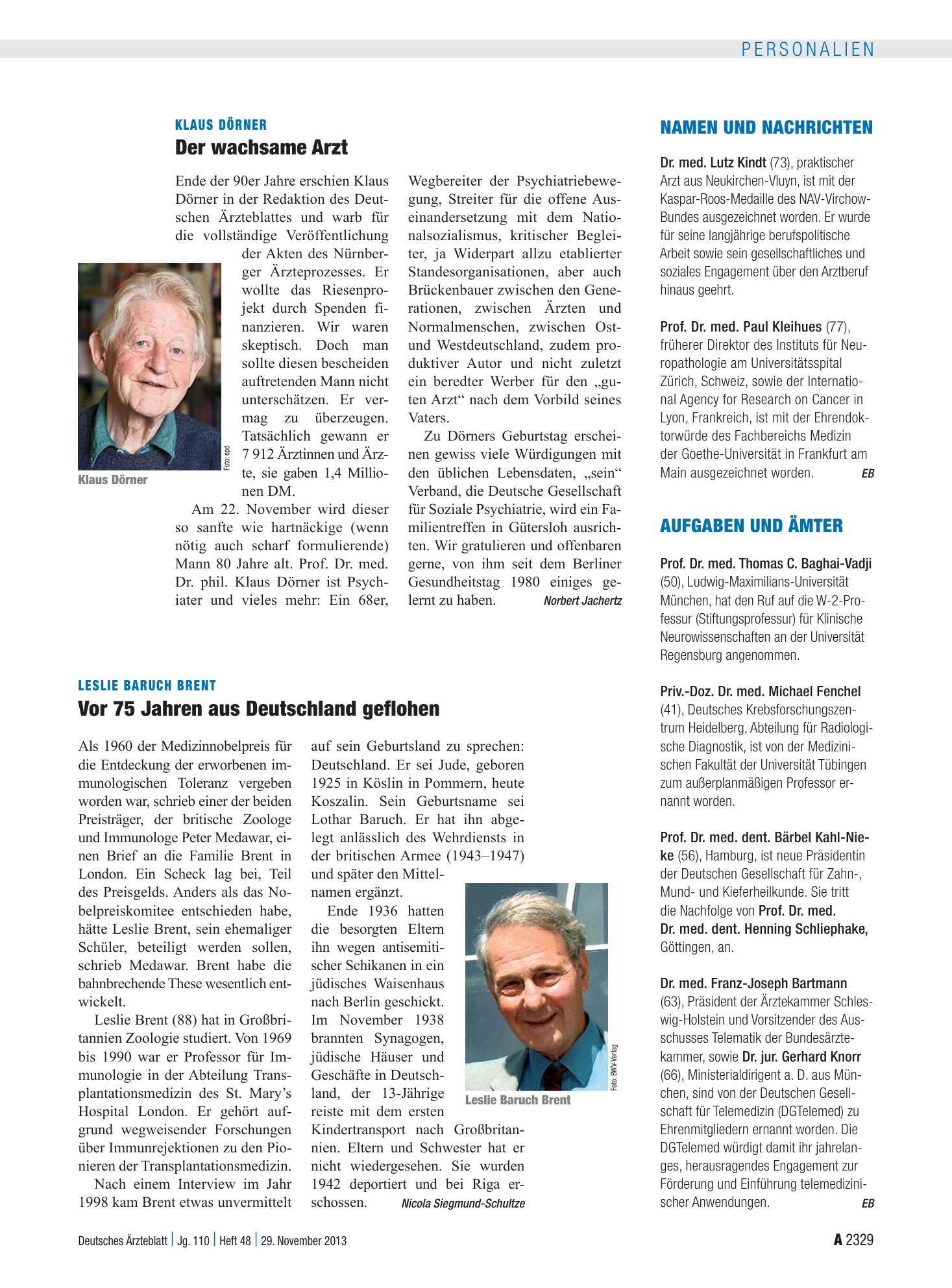 Vorschauseite 1: Klaus Dörner: Der wachsame Arzt – Deutsches Ärzteblatt