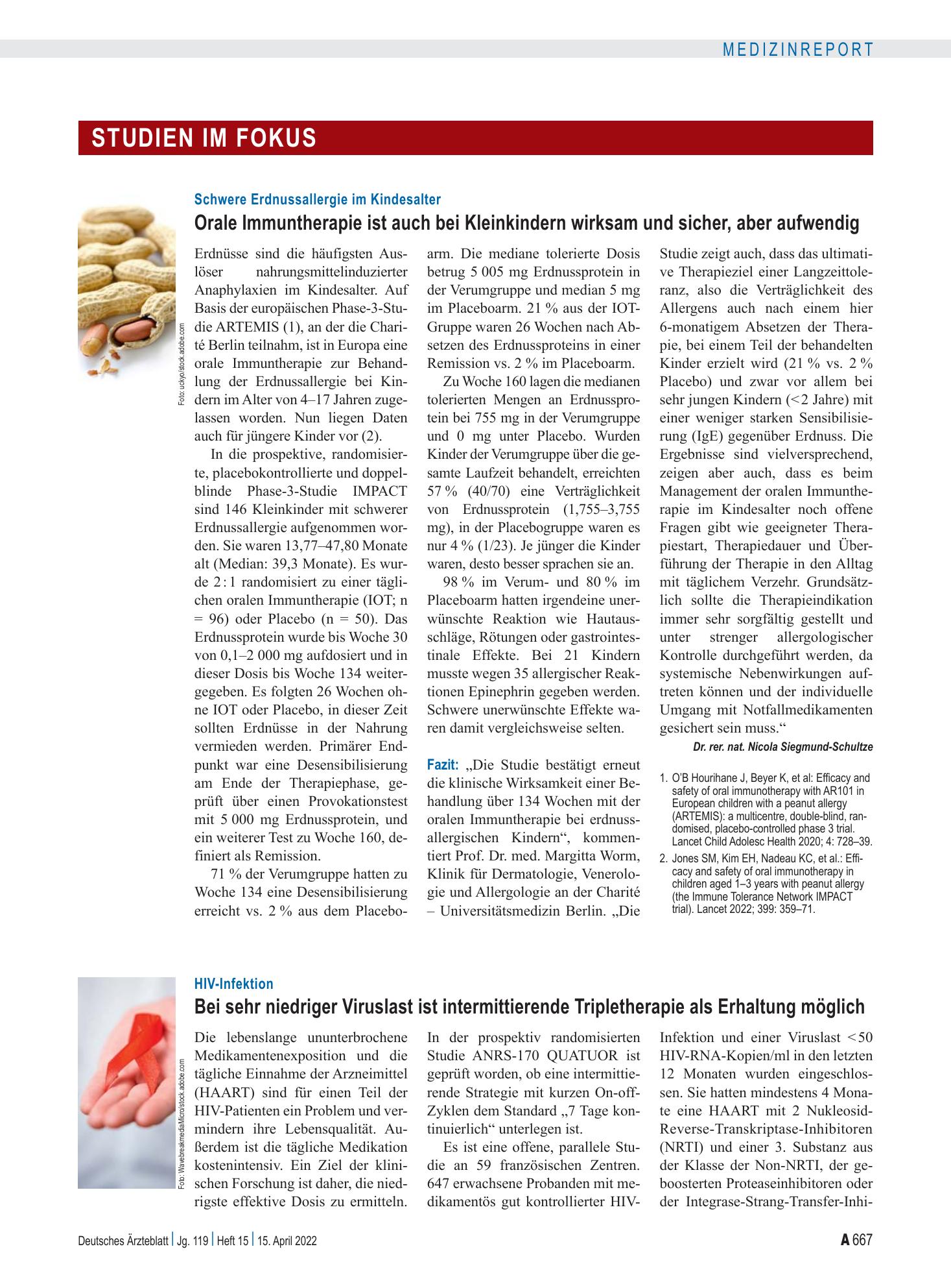 Vorschauseite 1: Schwere Erdnussallergie im Kindesalter: Orale Immuntherapie ist auch bei Kleinkindern wirksam und sicher, aber aufwendig – Deutsches Ärzteblatt