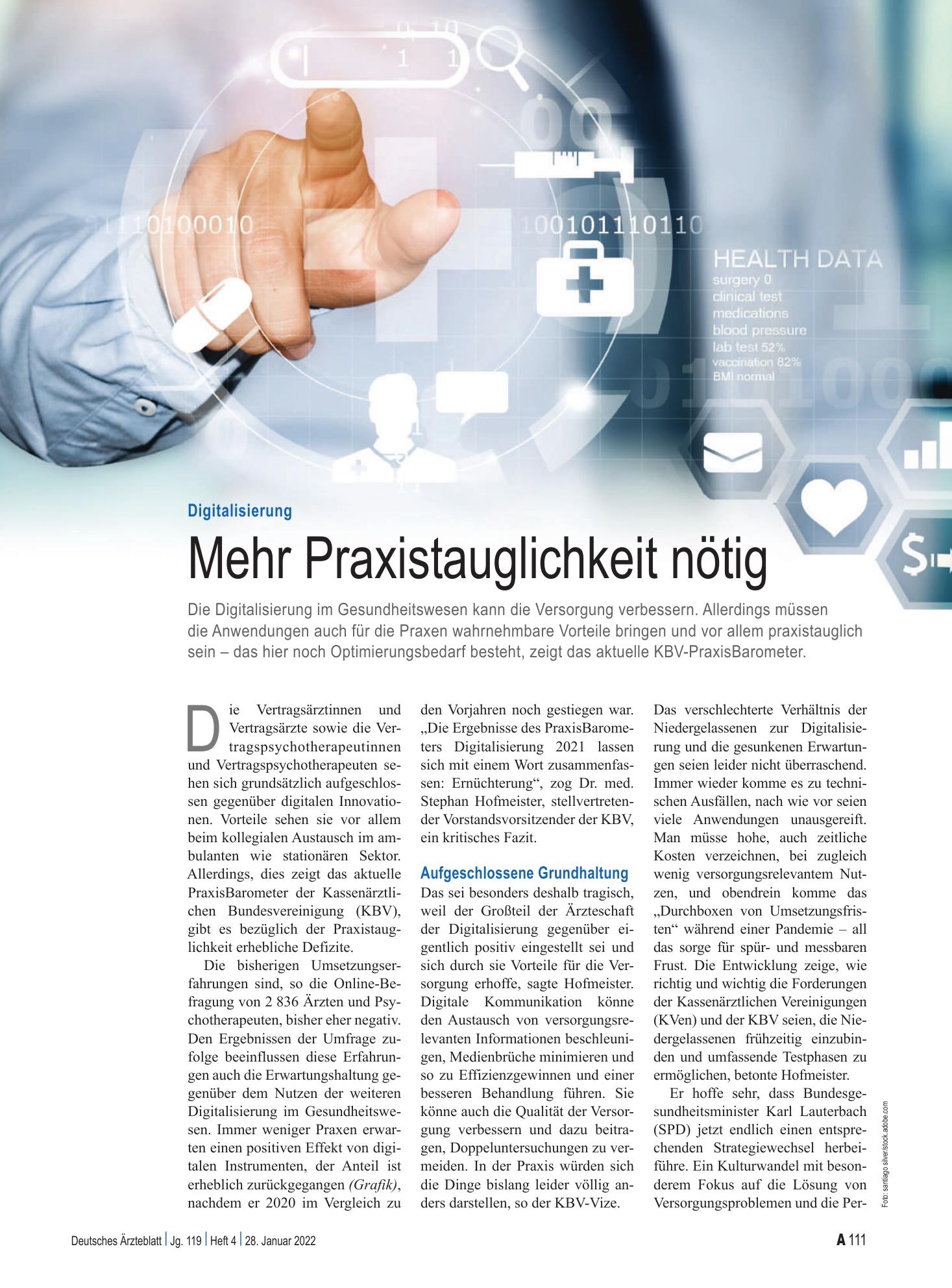 Vorschauseite 1: Digitalisierung: Mehr Praxistauglichkeit nötig – Deutsches Ärzteblatt