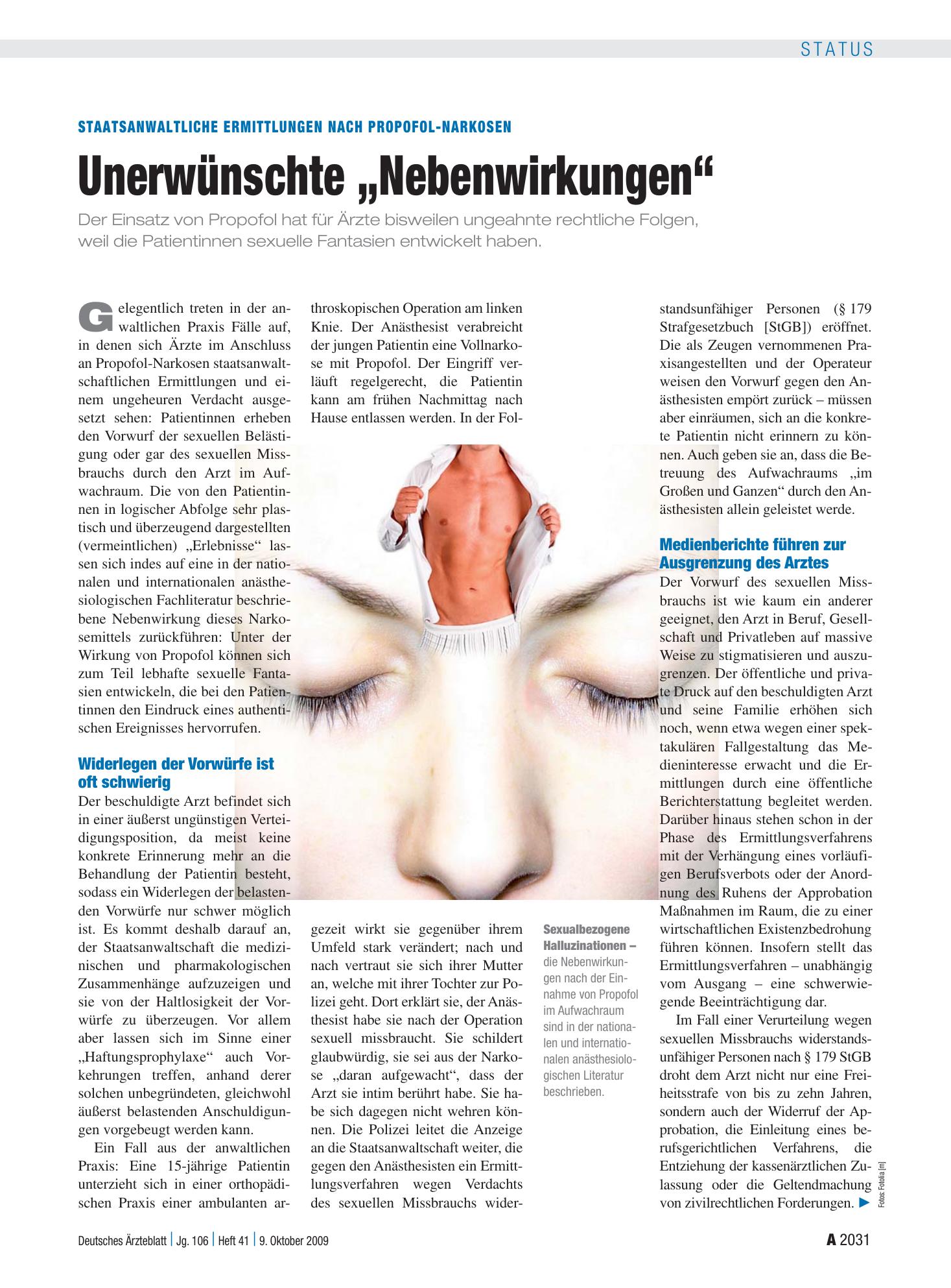 Vorschauseite 1: Staatsanwaltliche Ermittlungen nach Propofol-Narkosen: Unerwünschte „Nebenwirkungen“ – Deutsches Ärzteblatt