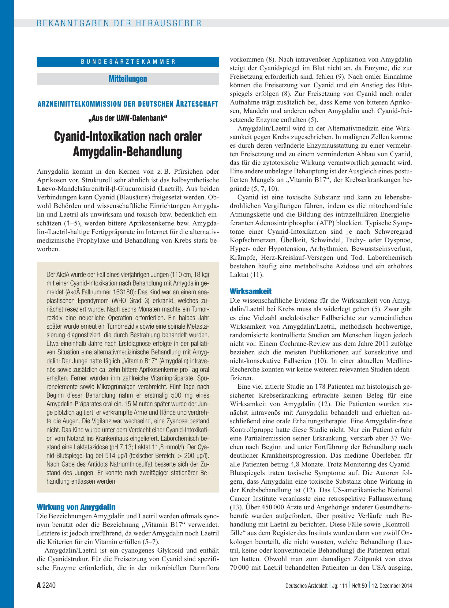 Vorschauseite 1: Arzneimittelkommission der Deutschen Ärzteschaft – „Aus der UAW-Datenbank“: Cyanid-Intoxikation nach oraler Amygdalin-Behandlung – Deutsches Ärzteblatt