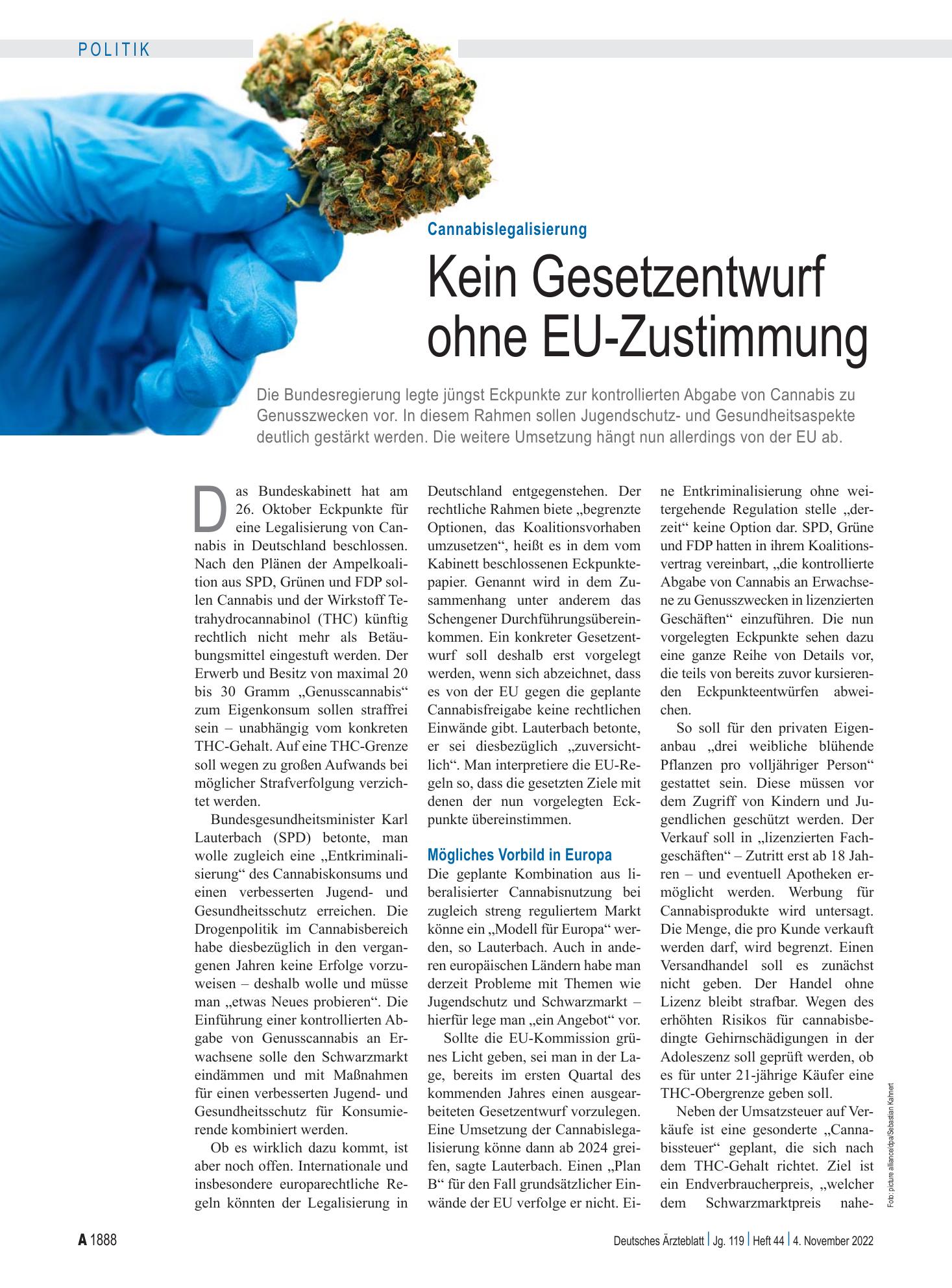 Vorschauseite 1: Cannabislegalisierung: Kein Gesetzentwurf ohne EU-Zustimmung – Deutsches Ärzteblatt