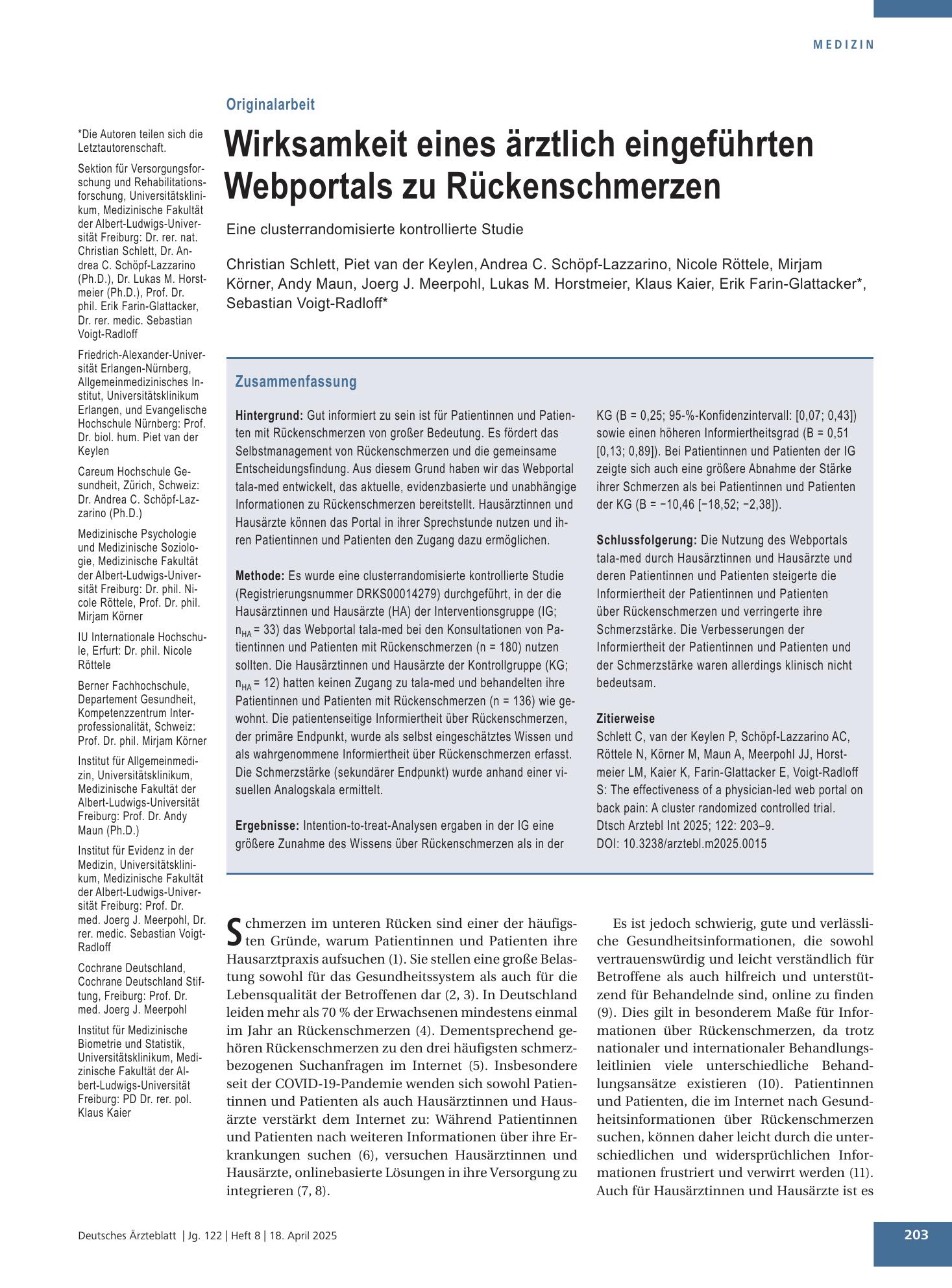 Vorschauseite 1: Wirksamkeit eines ärztlich eingeführten Webportals zu Rückenschmerzen – Deutsches Ärzteblatt