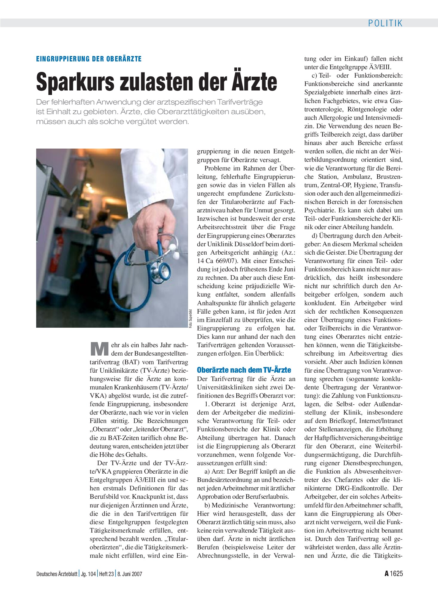 Vorschauseite 1: Eingruppierung der Oberärzte: Sparkurs zulasten der Ärzte – Deutsches Ärzteblatt