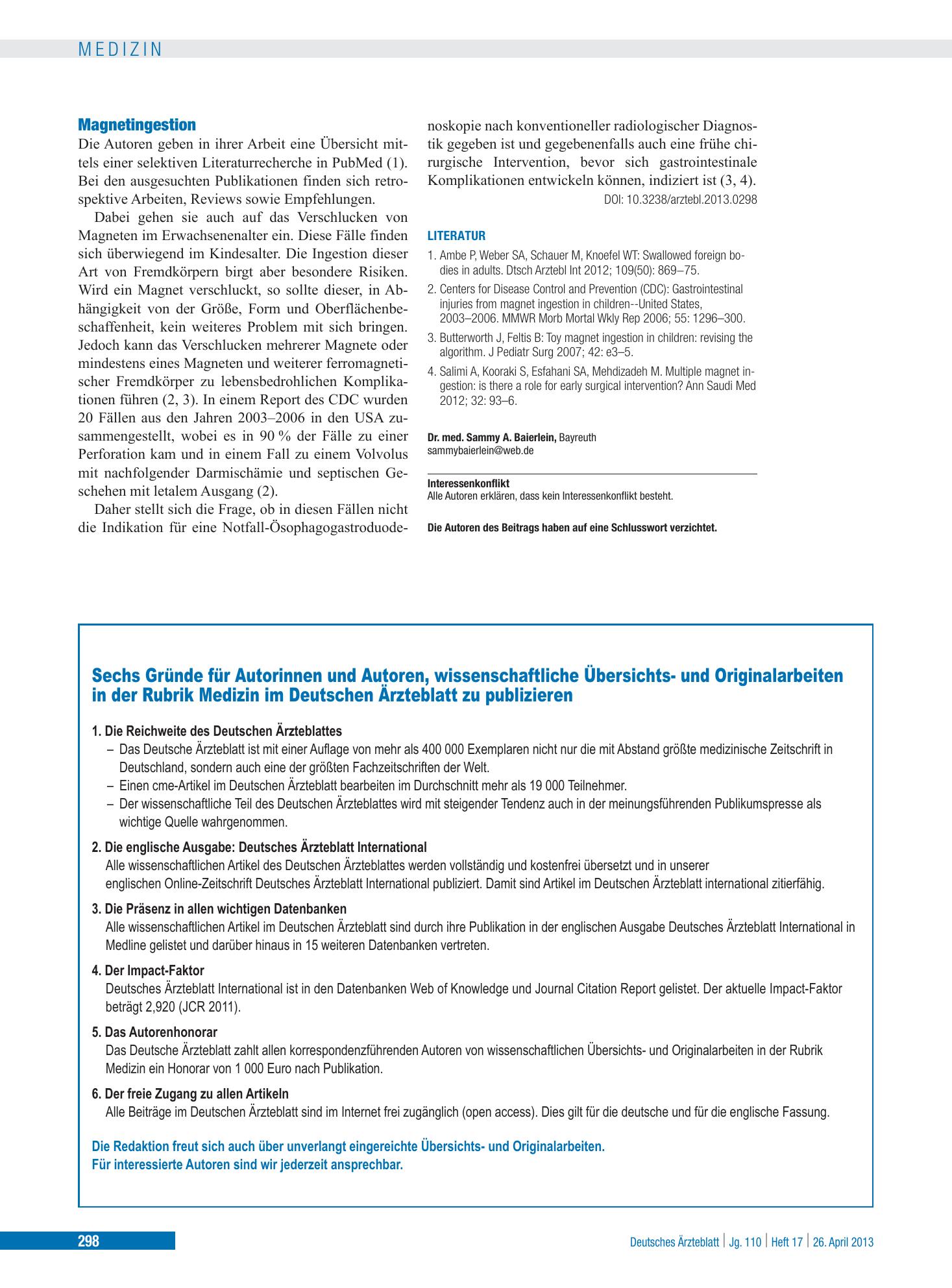 Vorschauseite 1: Magnetingestion – Deutsches Ärzteblatt