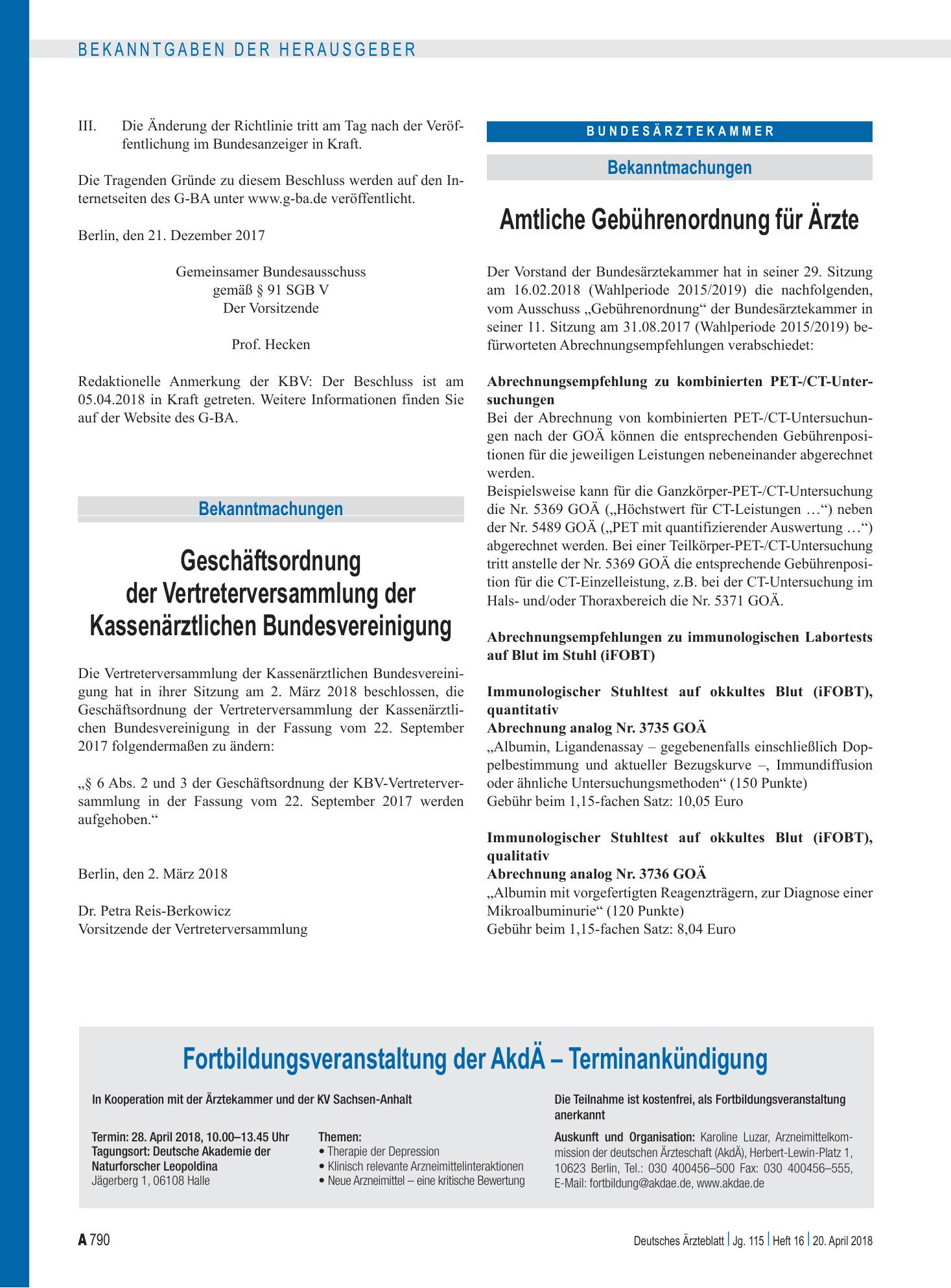 Vorschauseite 1: Amtliche Gebührenordnung für Ärzte – Deutsches Ärzteblatt