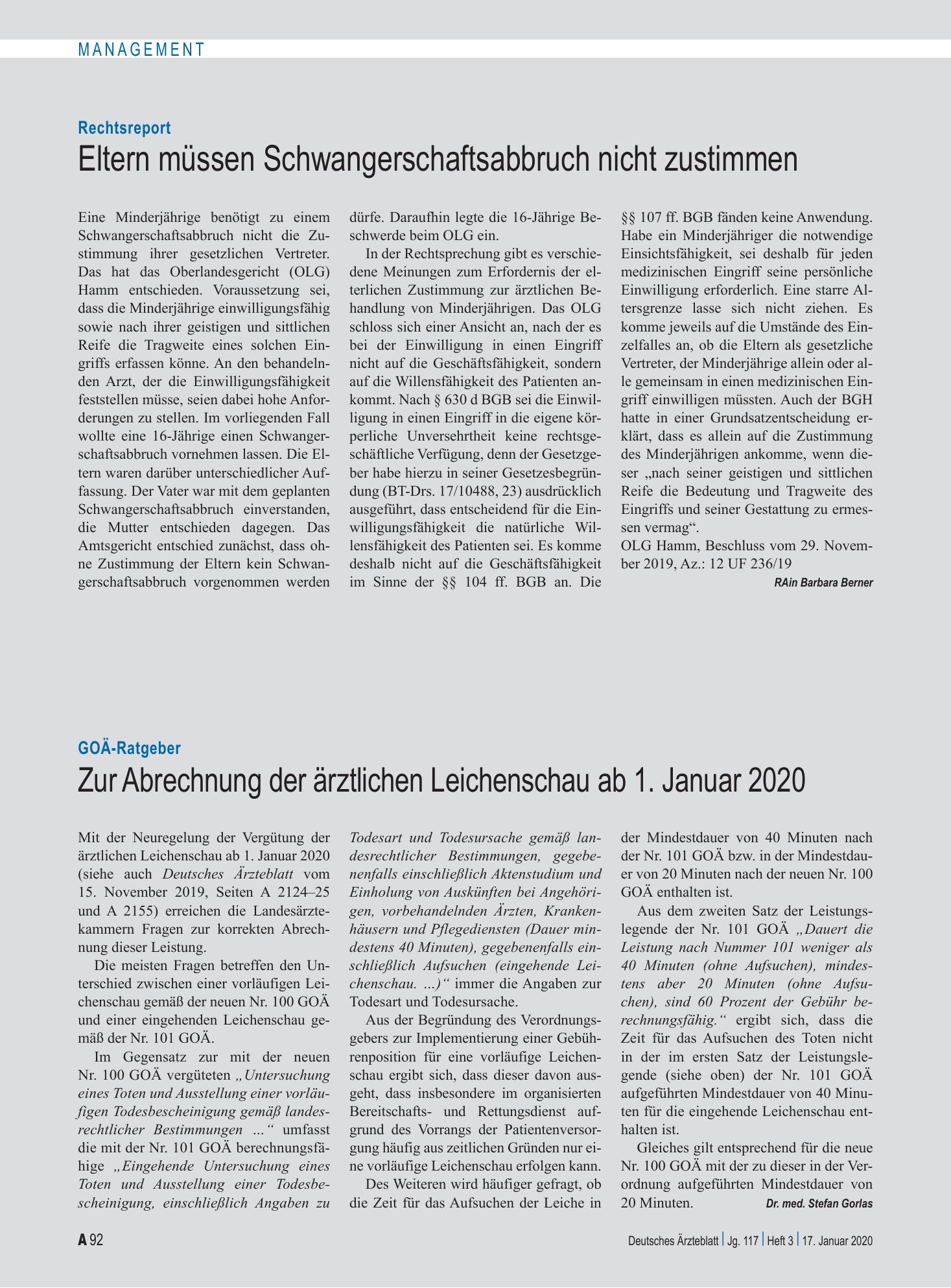 Vorschauseite 1: Rechtsreport: Eltern müssen Schwangerschaftsabbruch nicht zustimmen – Deutsches Ärzteblatt