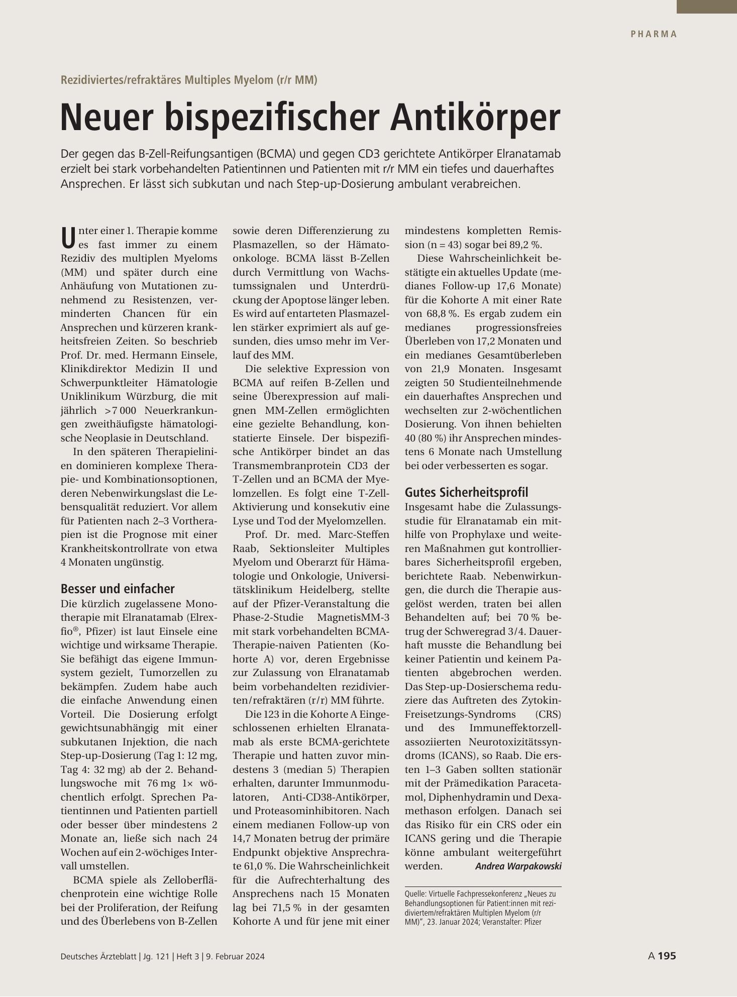 Vorschauseite 1: Rezidiviertes/refraktäres Multiples Myelom (r/r MM): Neuer bispezifischer Antikörper – Deutsches Ärzteblatt